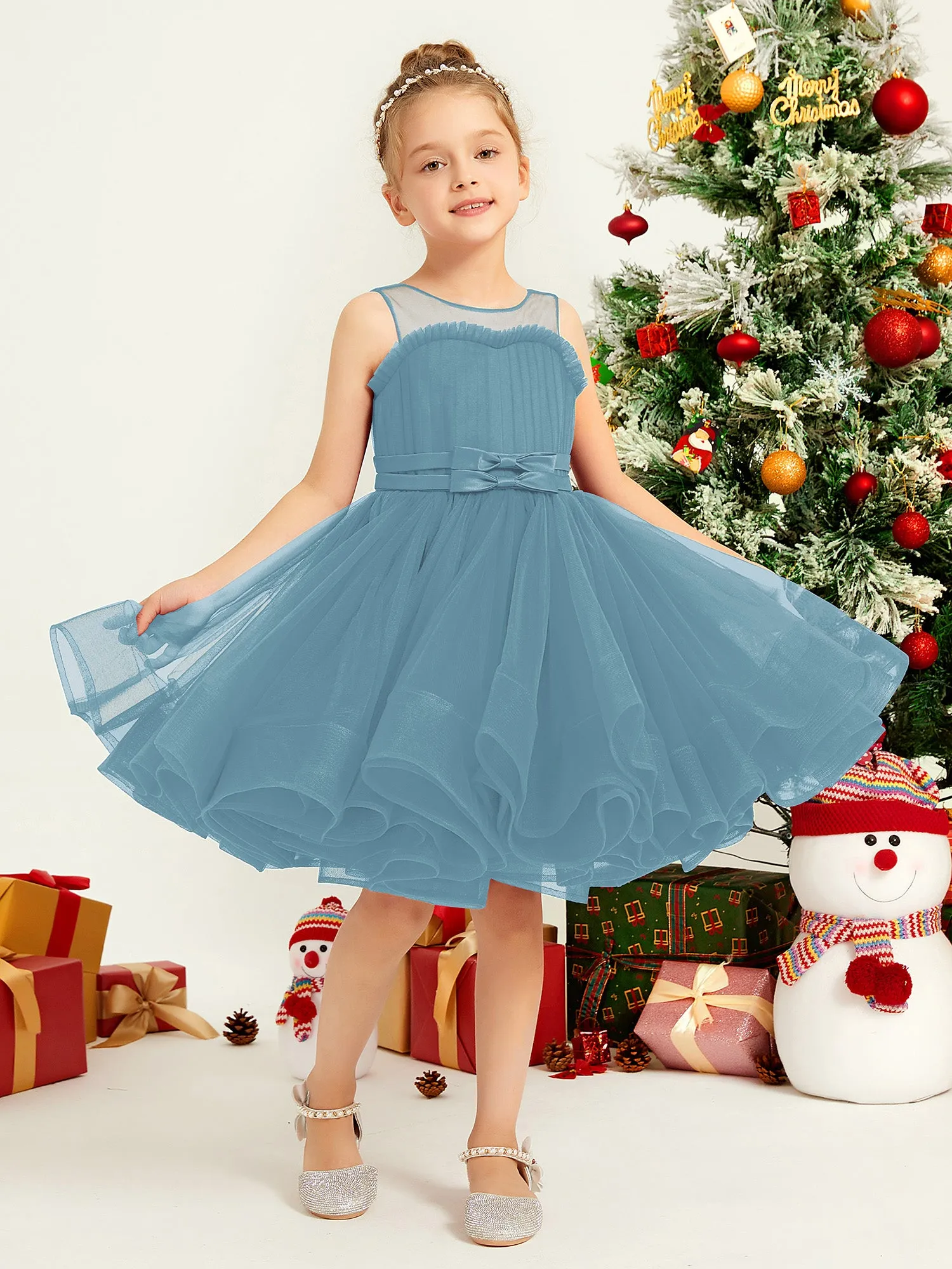 Illusion Sleeveless Pleated Tulle A-line Short Girl Dress Slate Blue