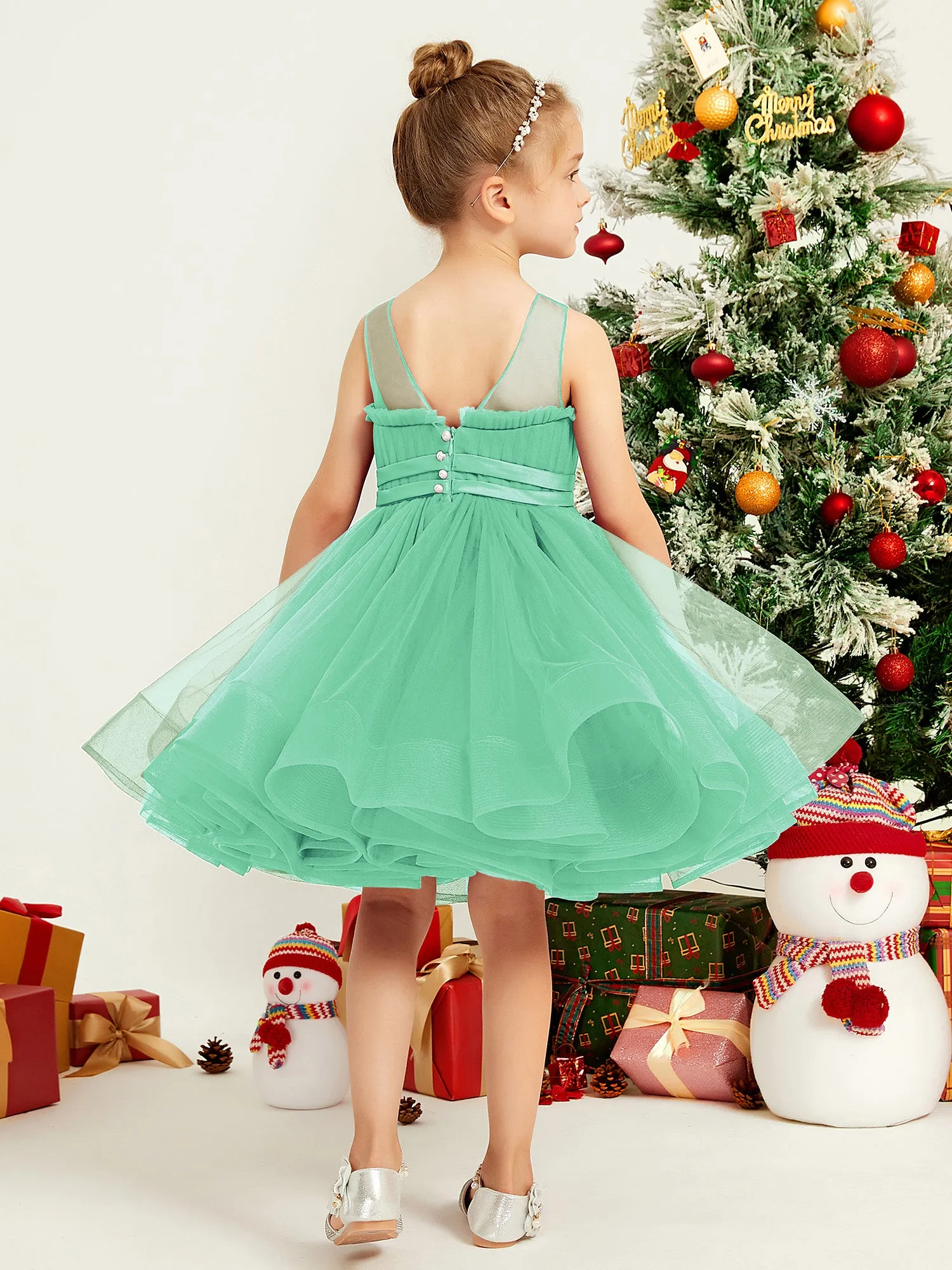 Illusion Sleeveless Pleated Tulle A-line Short Girl Dress Turquoise