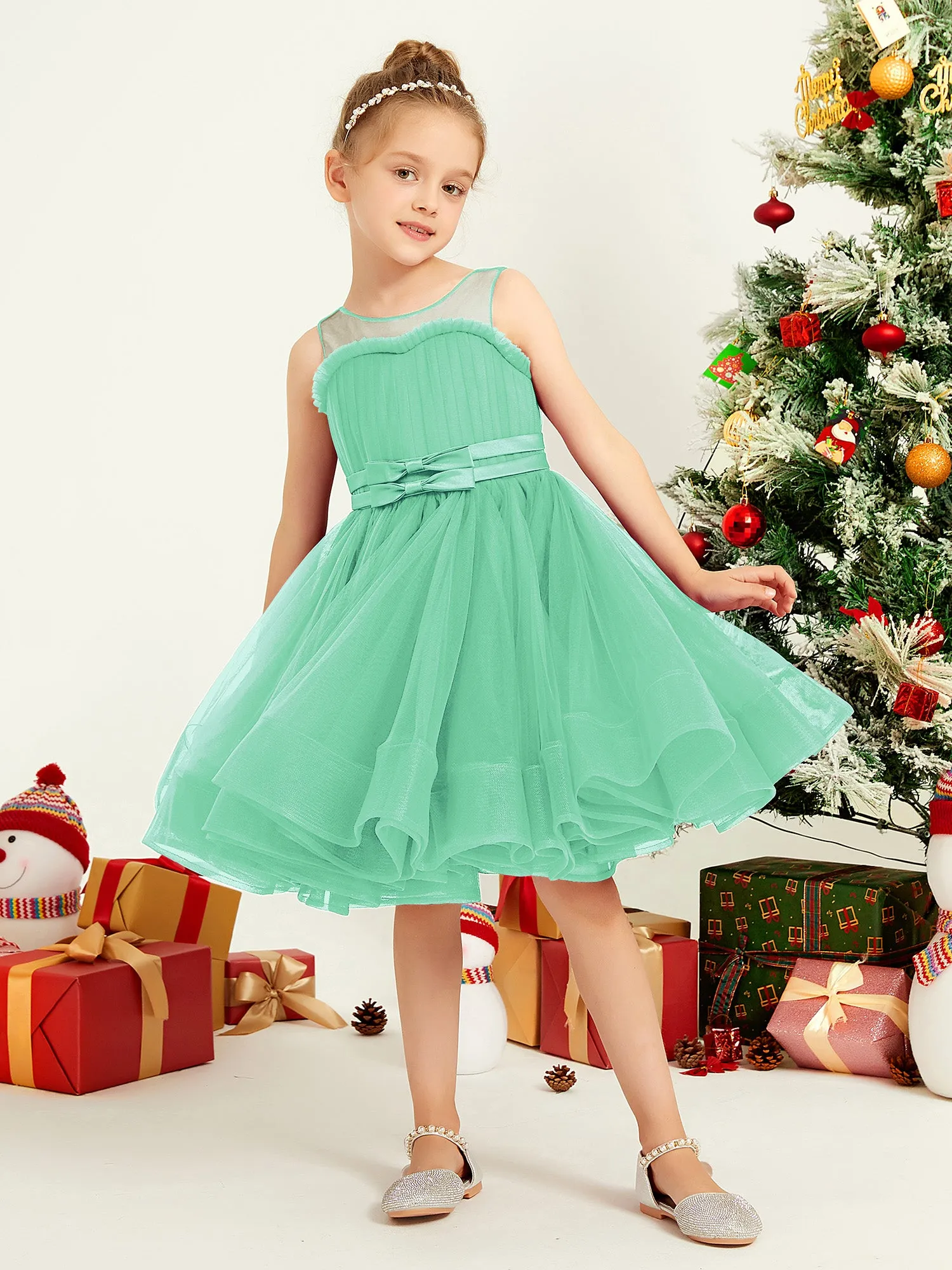 Illusion Sleeveless Pleated Tulle A-line Short Girl Dress Turquoise