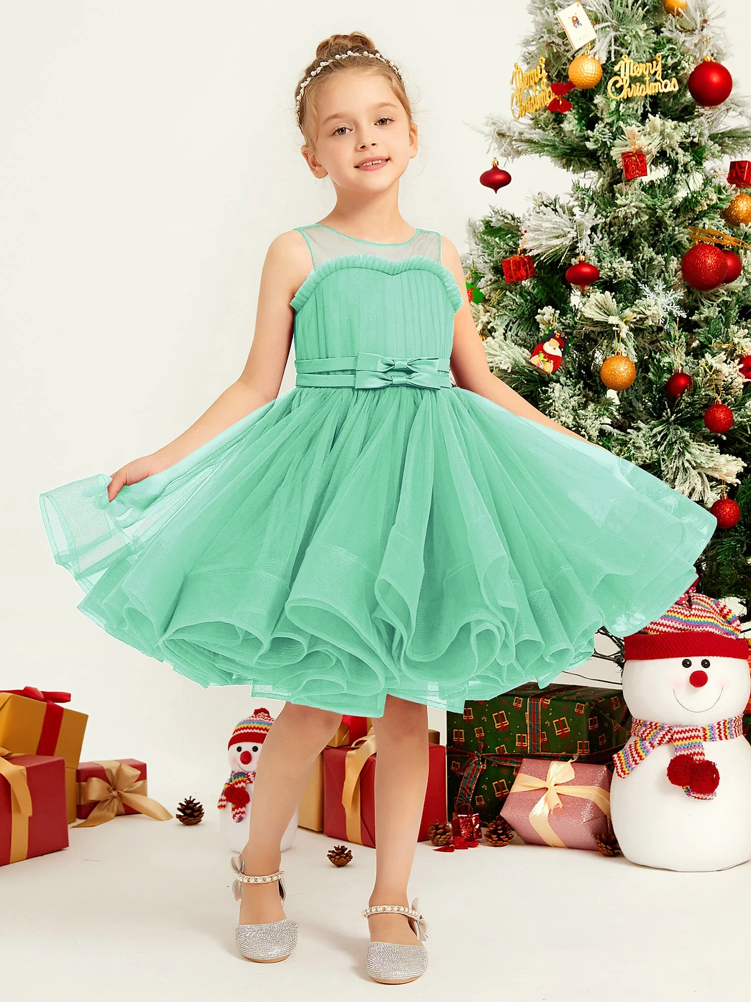 Illusion Sleeveless Pleated Tulle A-line Short Girl Dress Turquoise