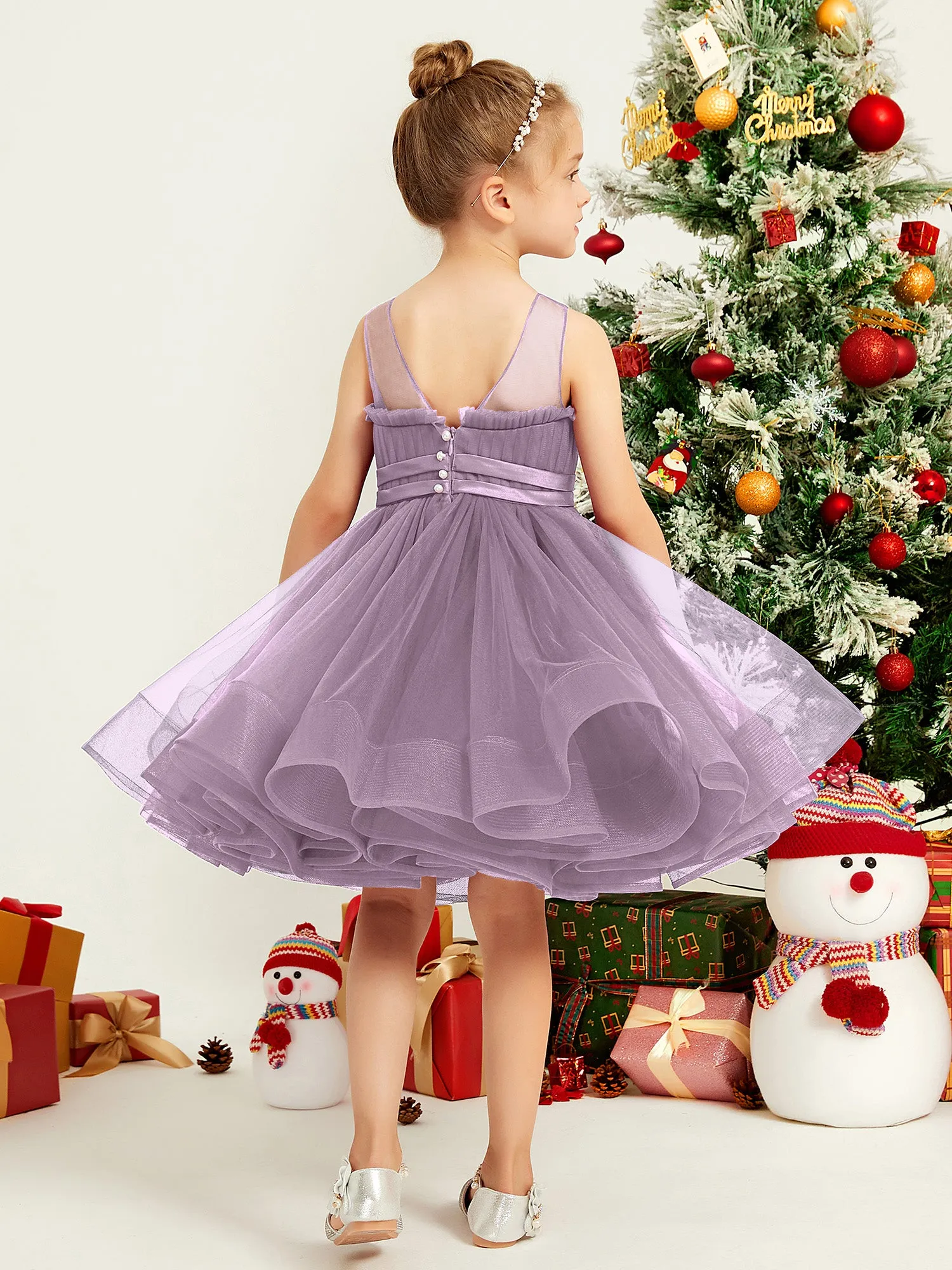 Illusion Sleeveless Pleated Tulle A-line Short Girl Dress Wisteria