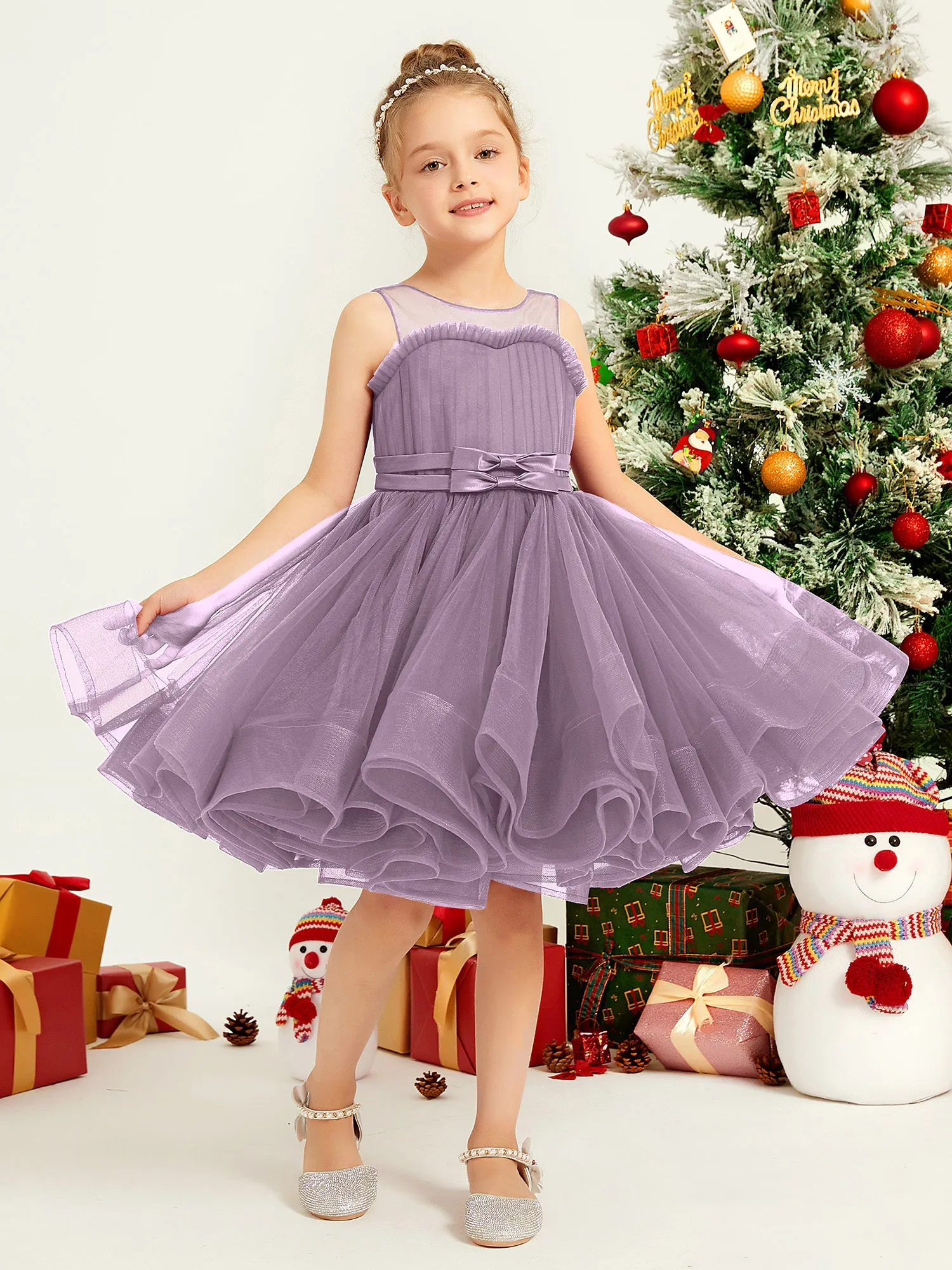 Illusion Sleeveless Pleated Tulle A-line Short Girl Dress Wisteria