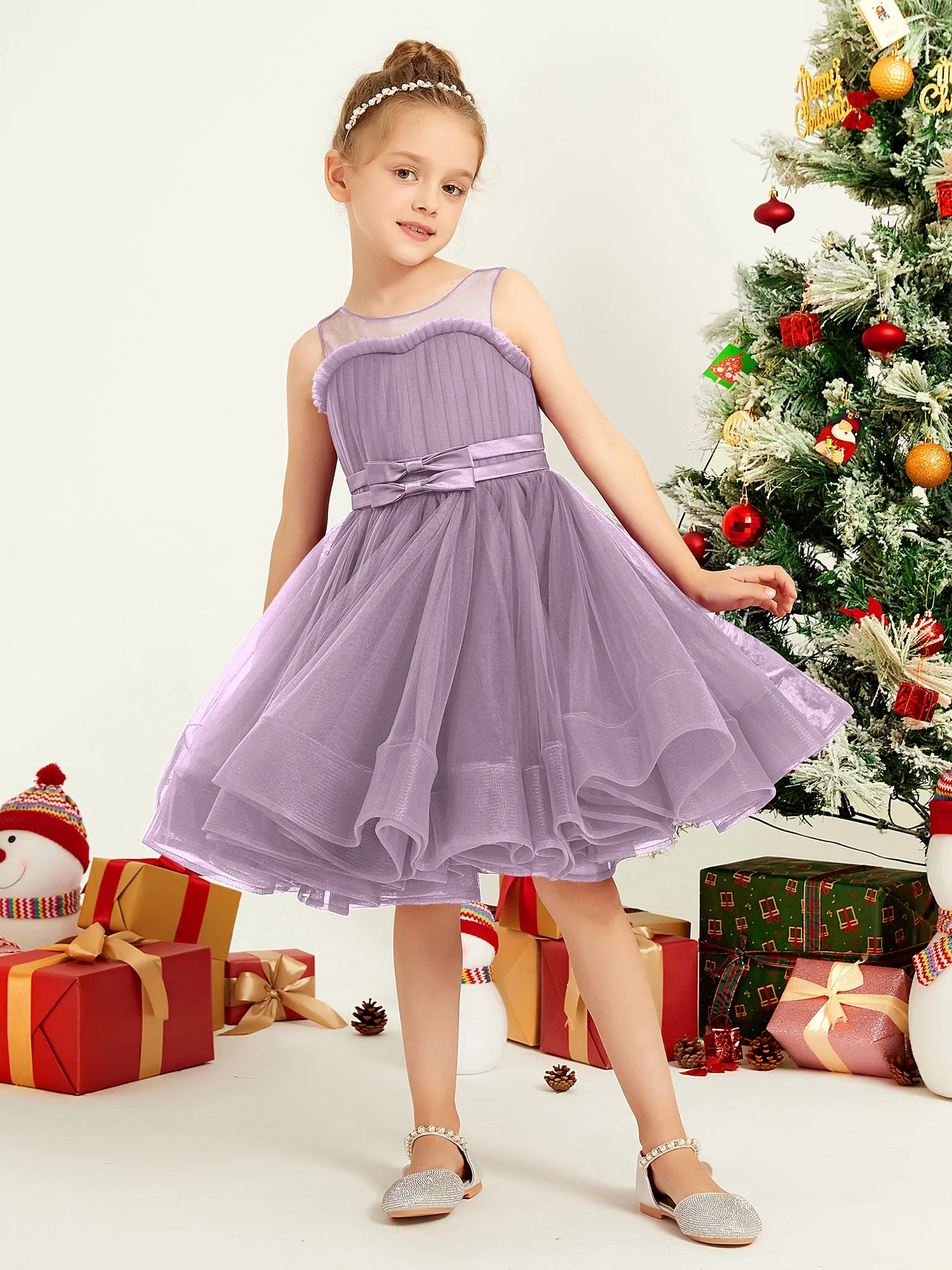 Illusion Sleeveless Pleated Tulle A-line Short Girl Dress Wisteria