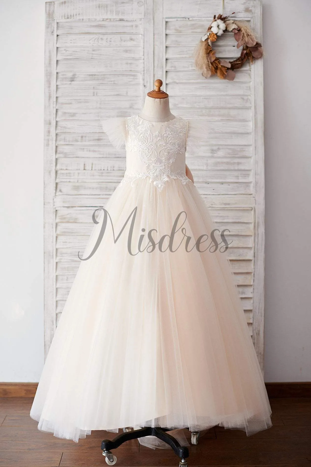 Ivory Lace Champagne Tulle Ruffle Sleeves Sheer Back Wedding Flower Girl Dress