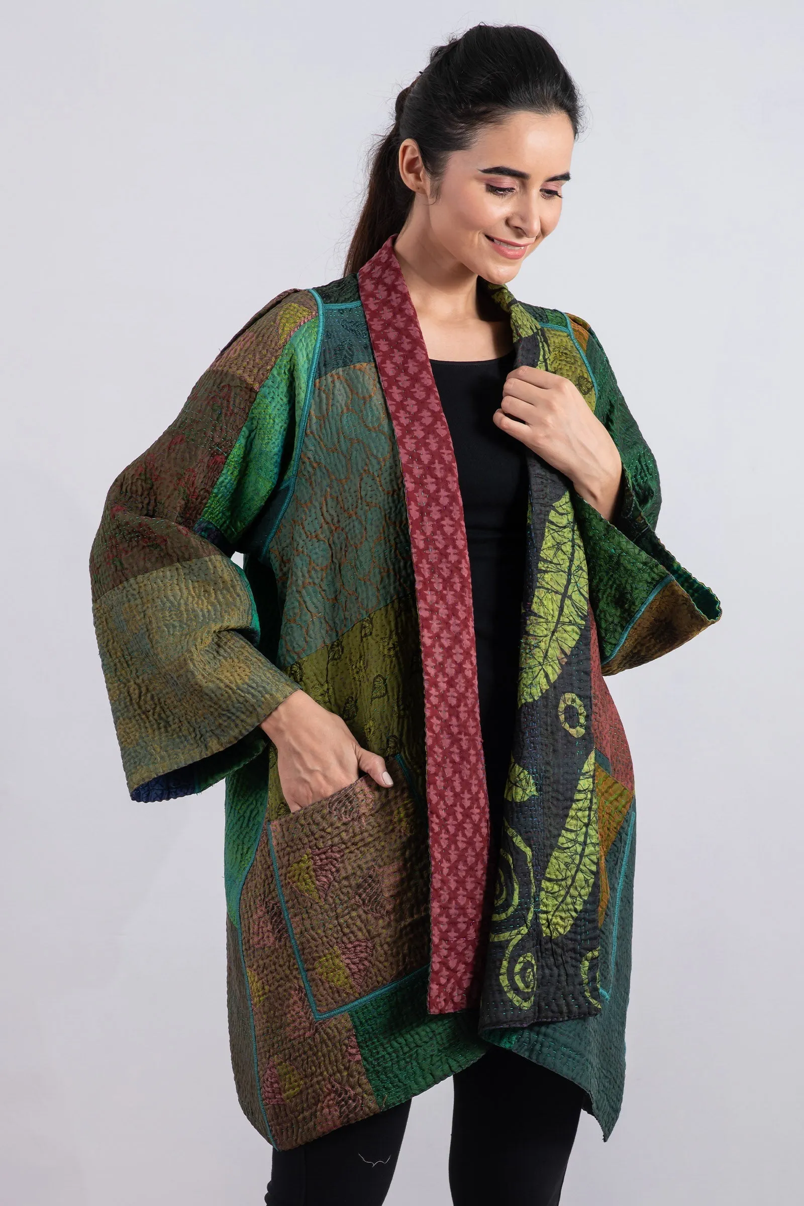 JACQUARD SILK KANTHA A-LINE JKT - js4003-grn -