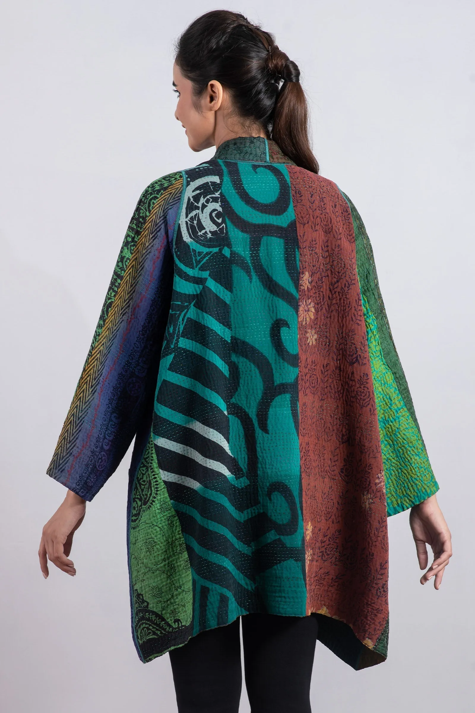 JACQUARD SILK KANTHA A-LINE JKT - js4003-grn -