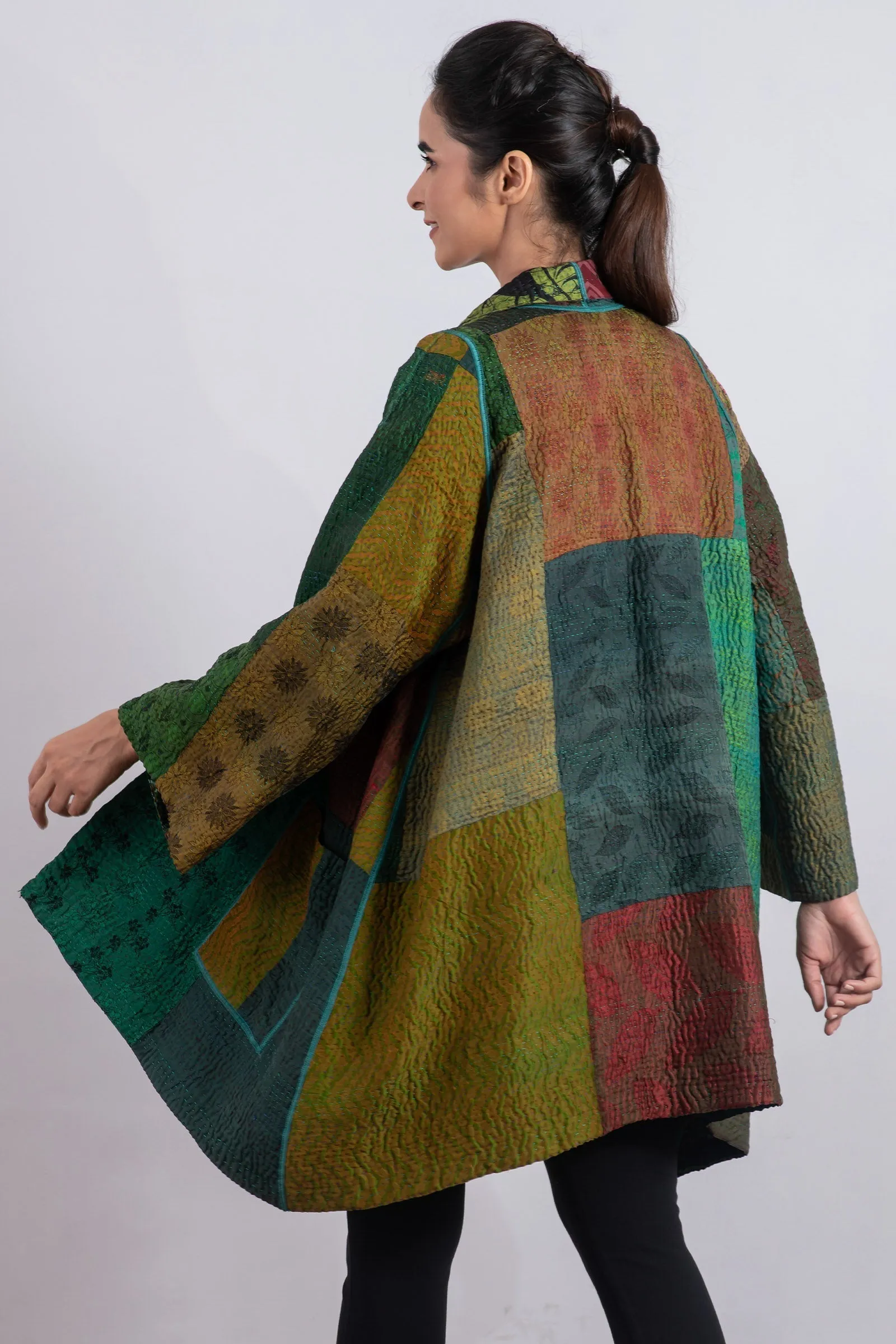 JACQUARD SILK KANTHA A-LINE JKT - js4003-grn -