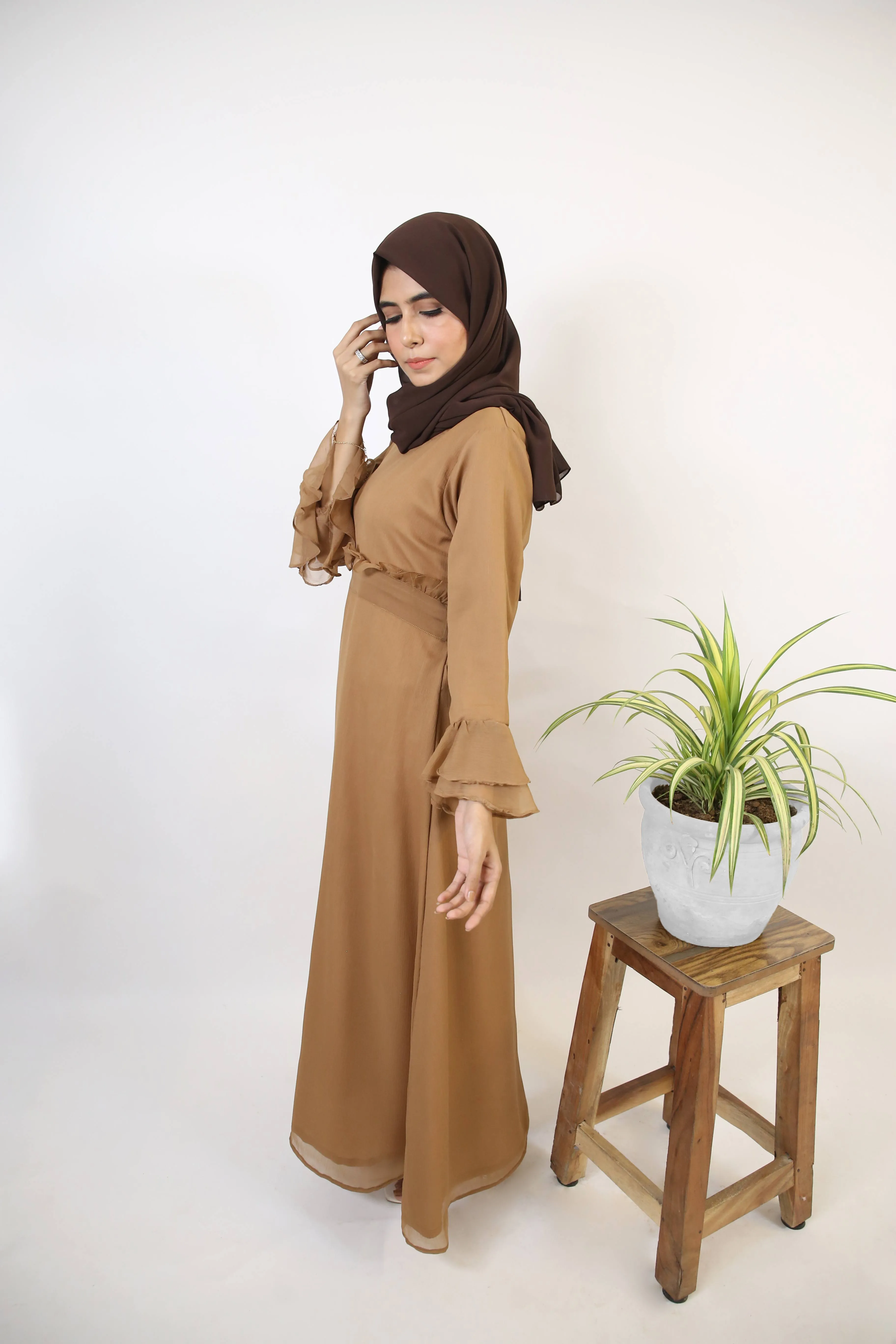 Khaki-Graceful Chiffon lined tiered sleeves belted maxi dress- Taupe Brown