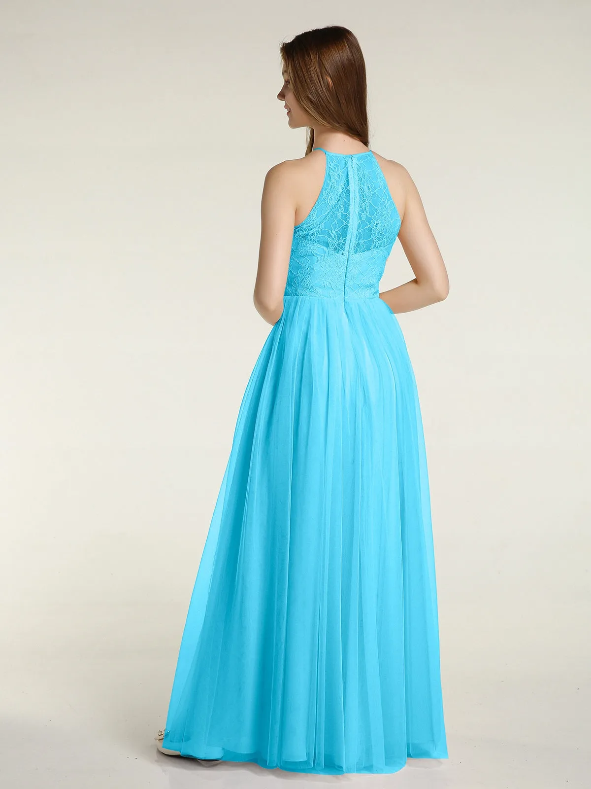 Lace Bodice and Tulle Skirt Long Dresses-Pool