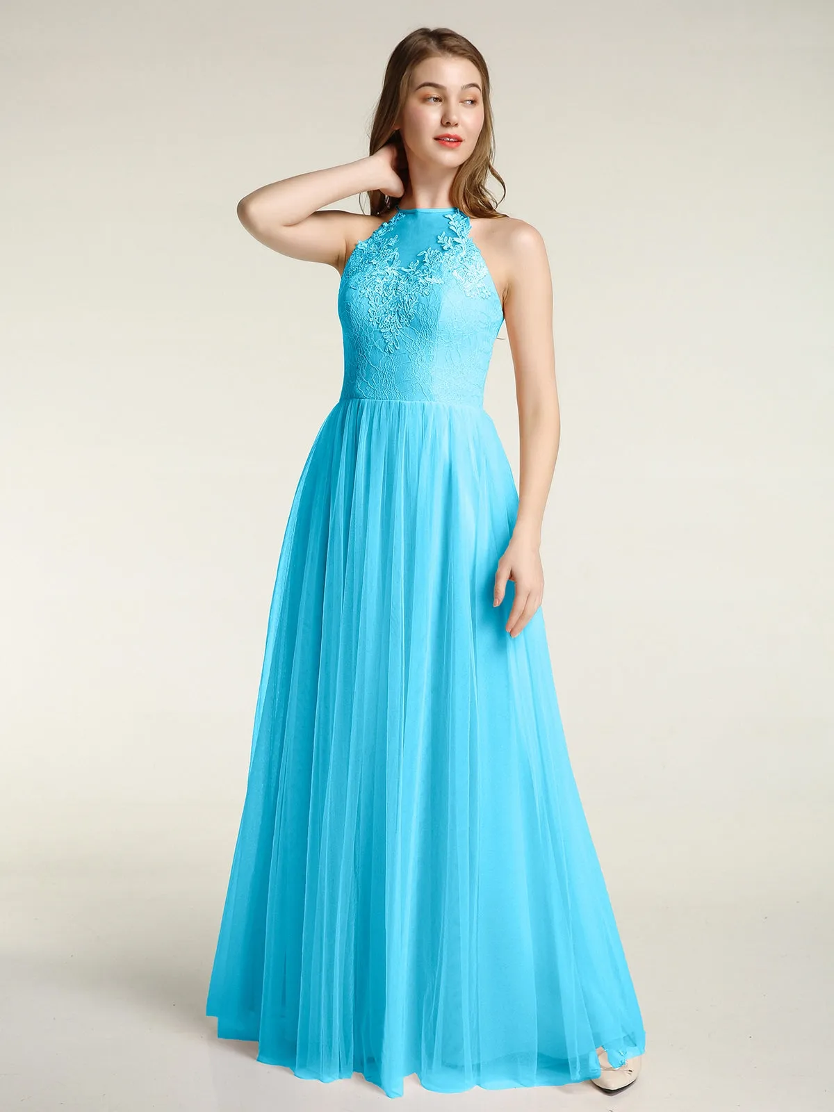 Lace Bodice and Tulle Skirt Long Dresses-Pool