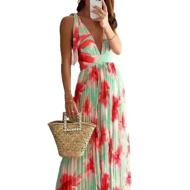 Lady Charming Backless Print Pleated Dress