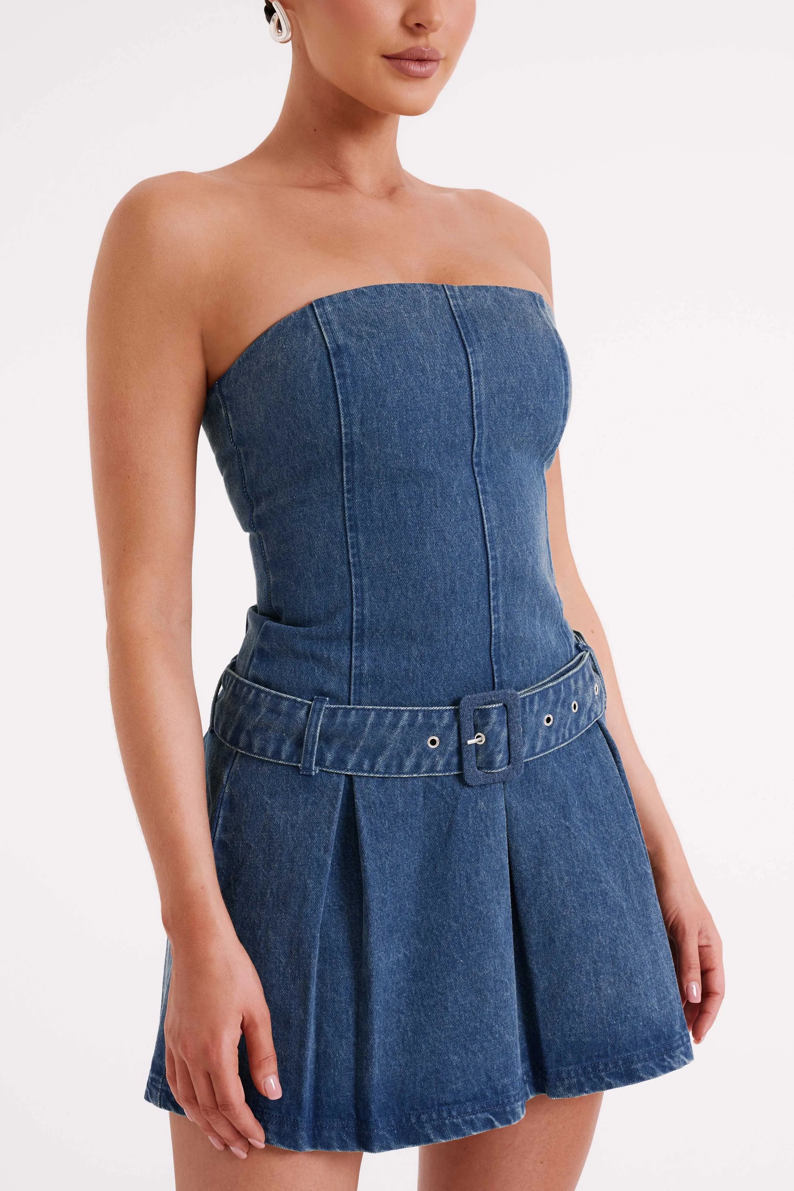 Lee Denim Pleated Mini Dress - Dark Blue