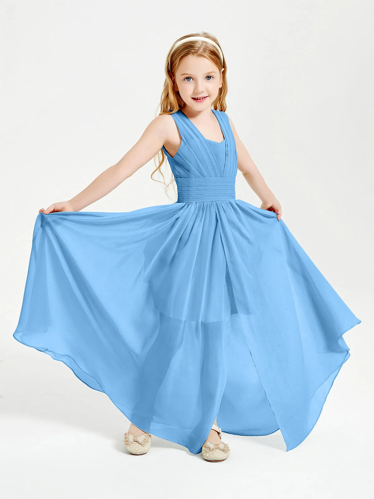 Long Elegant V-neck Bridesmaid Dresses For Juniors Blue