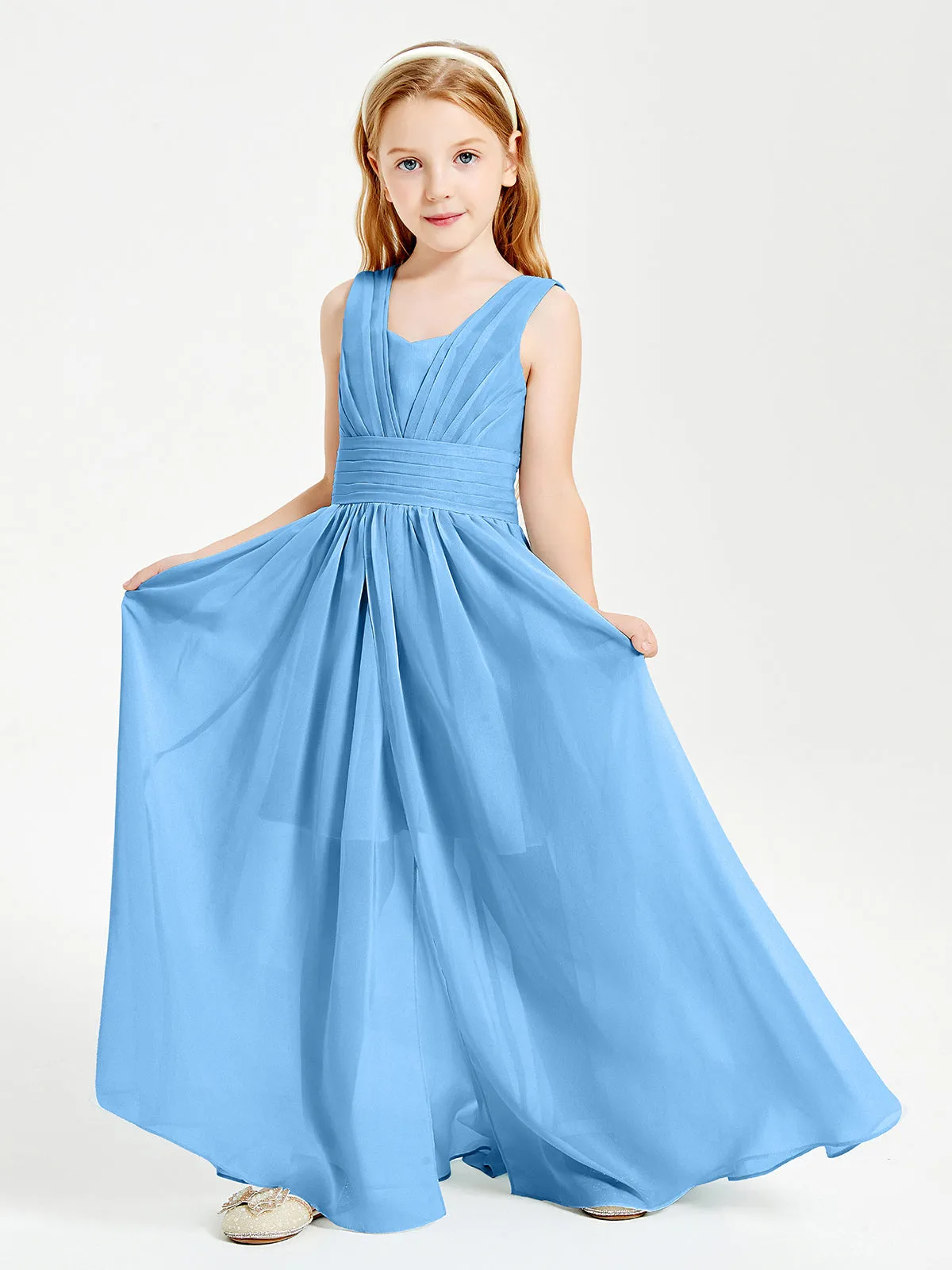 Long Elegant V-neck Bridesmaid Dresses For Juniors Blue