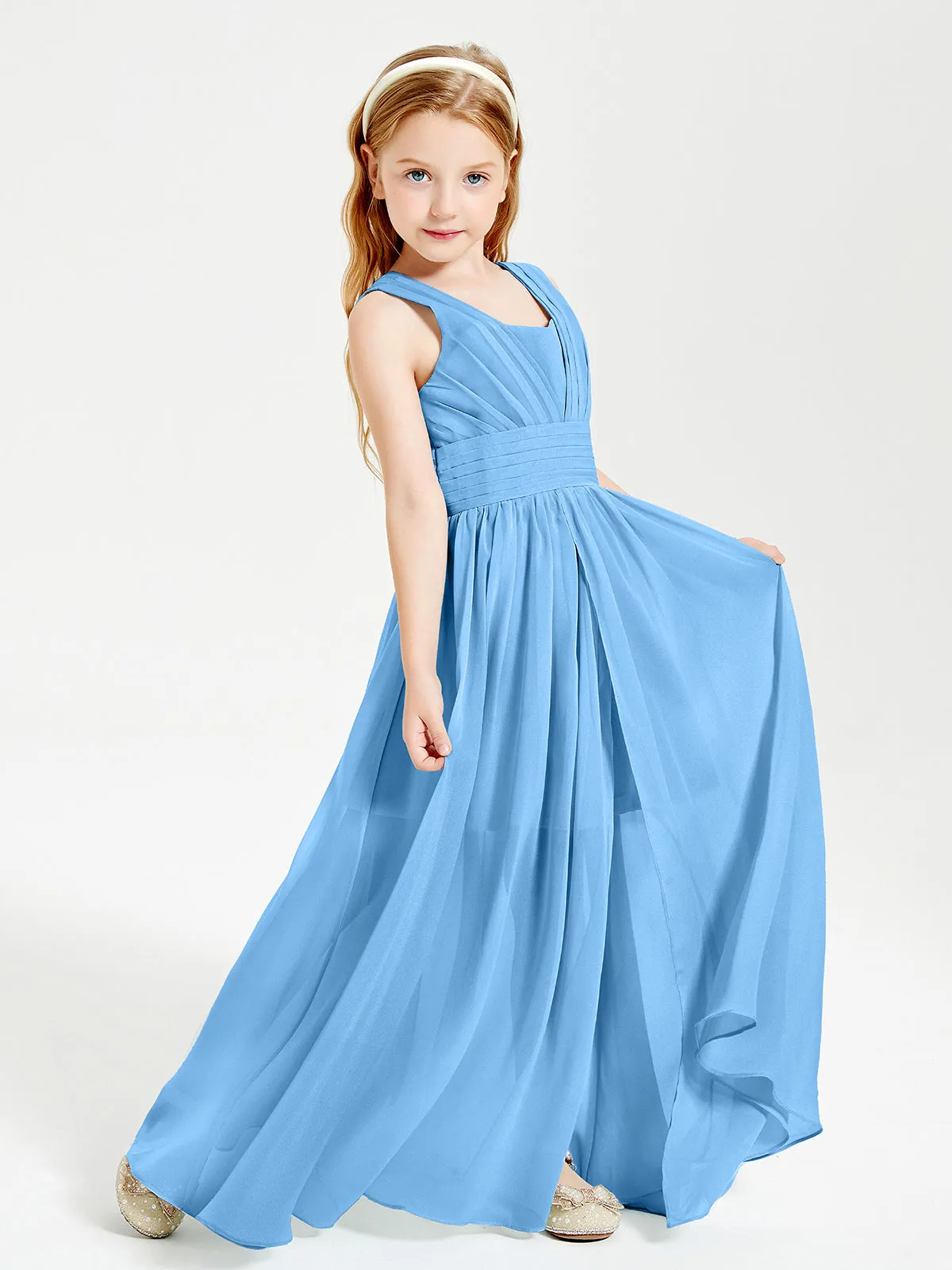 Long Elegant V-neck Bridesmaid Dresses For Juniors Blue