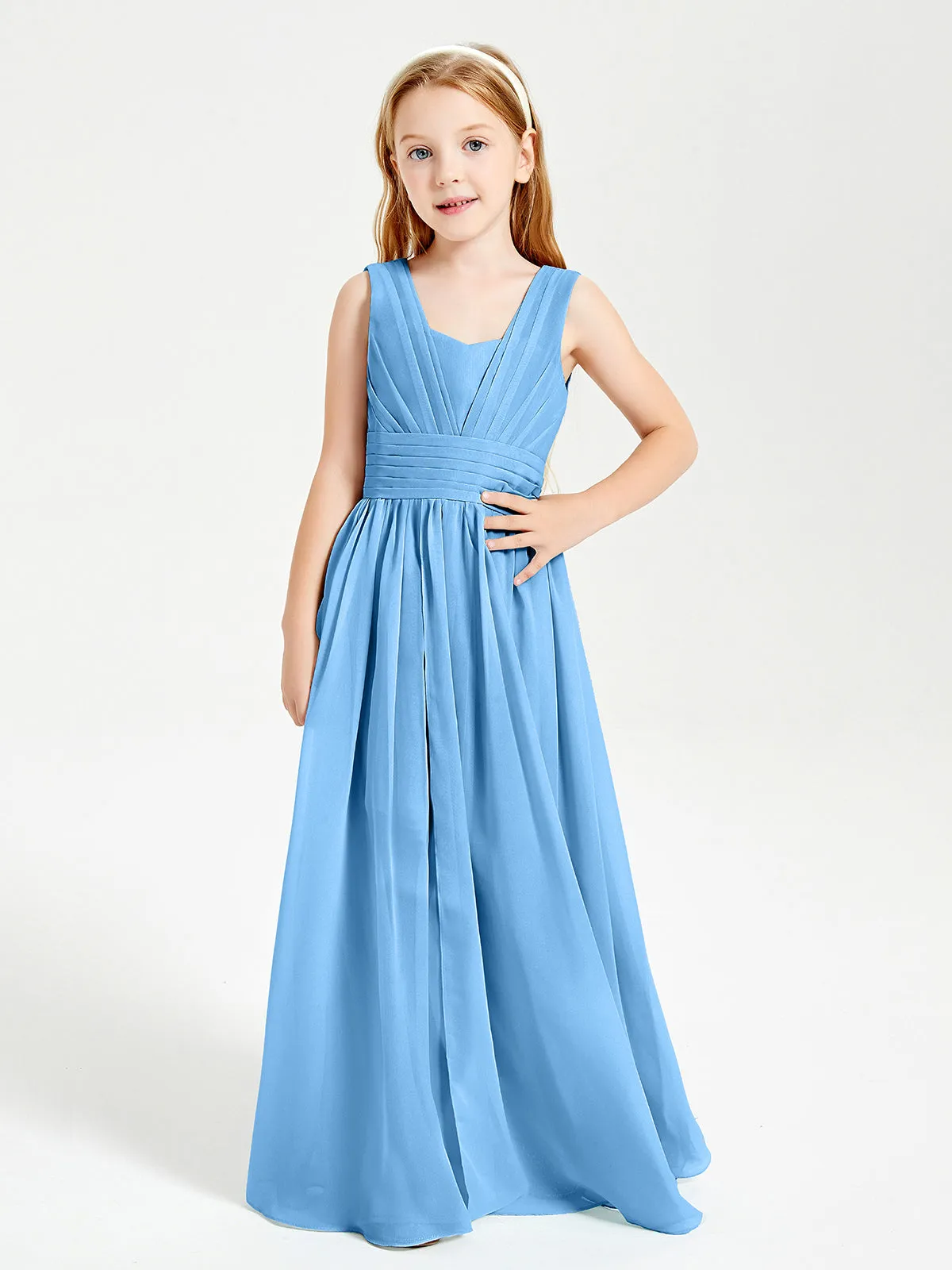 Long Elegant V-neck Bridesmaid Dresses For Juniors Blue