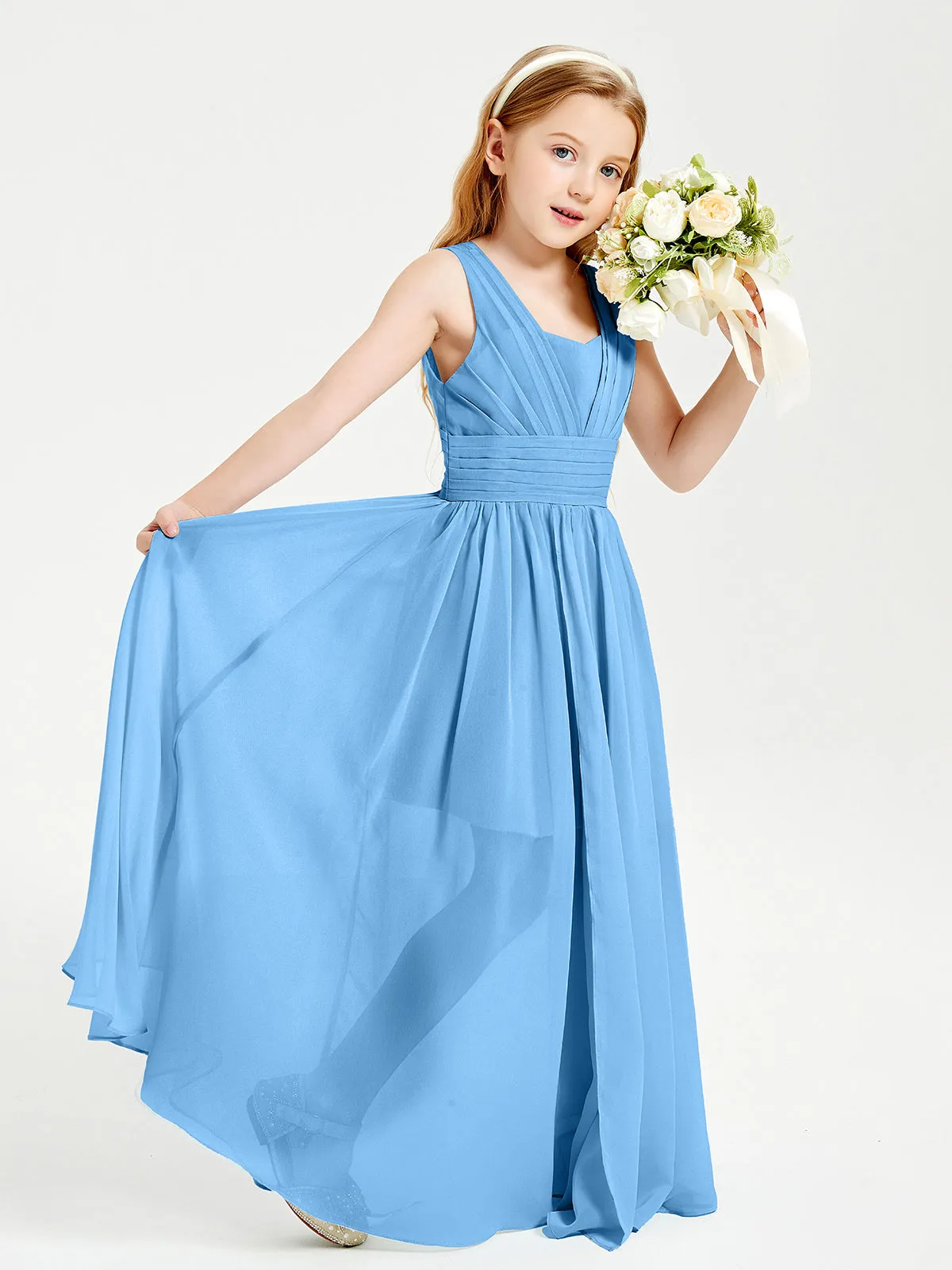 Long Elegant V-neck Bridesmaid Dresses For Juniors Blue