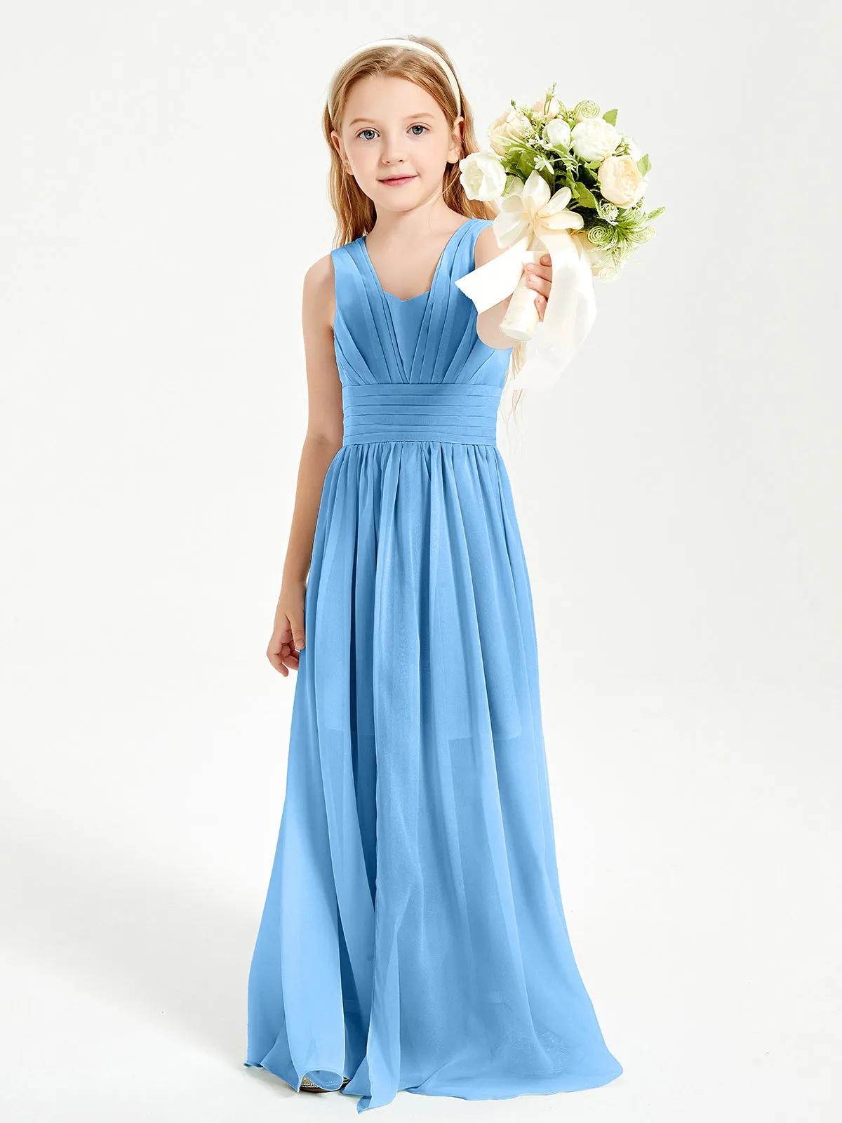 Long Elegant V-neck Bridesmaid Dresses For Juniors Blue