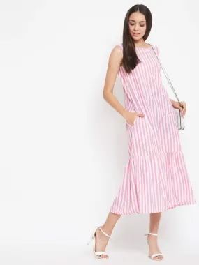 Long Pink Striped Dress In Cotton