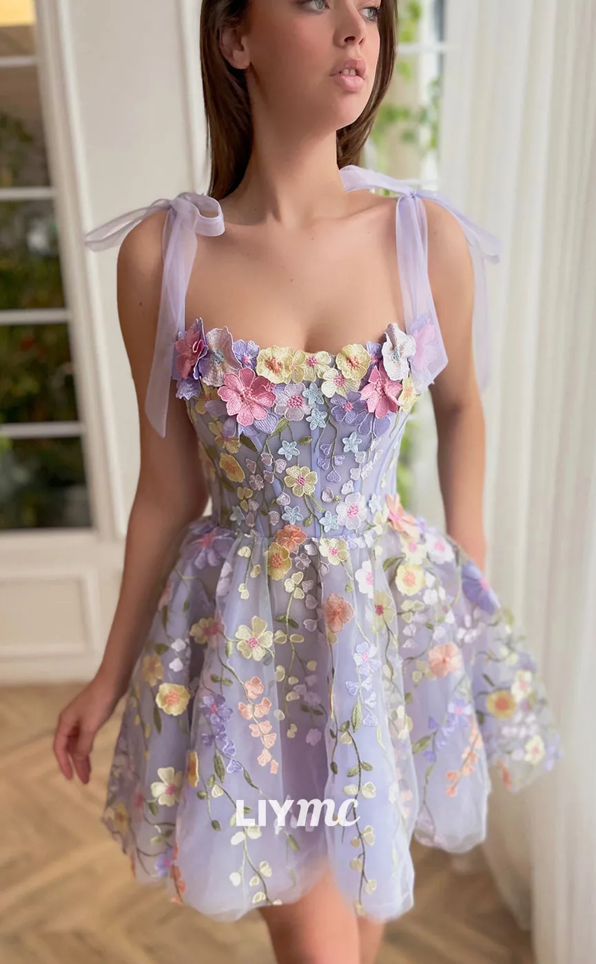 LY075 - Square Sleeveless Floral Embellished Pleated A-Line Short Homecoming Dress