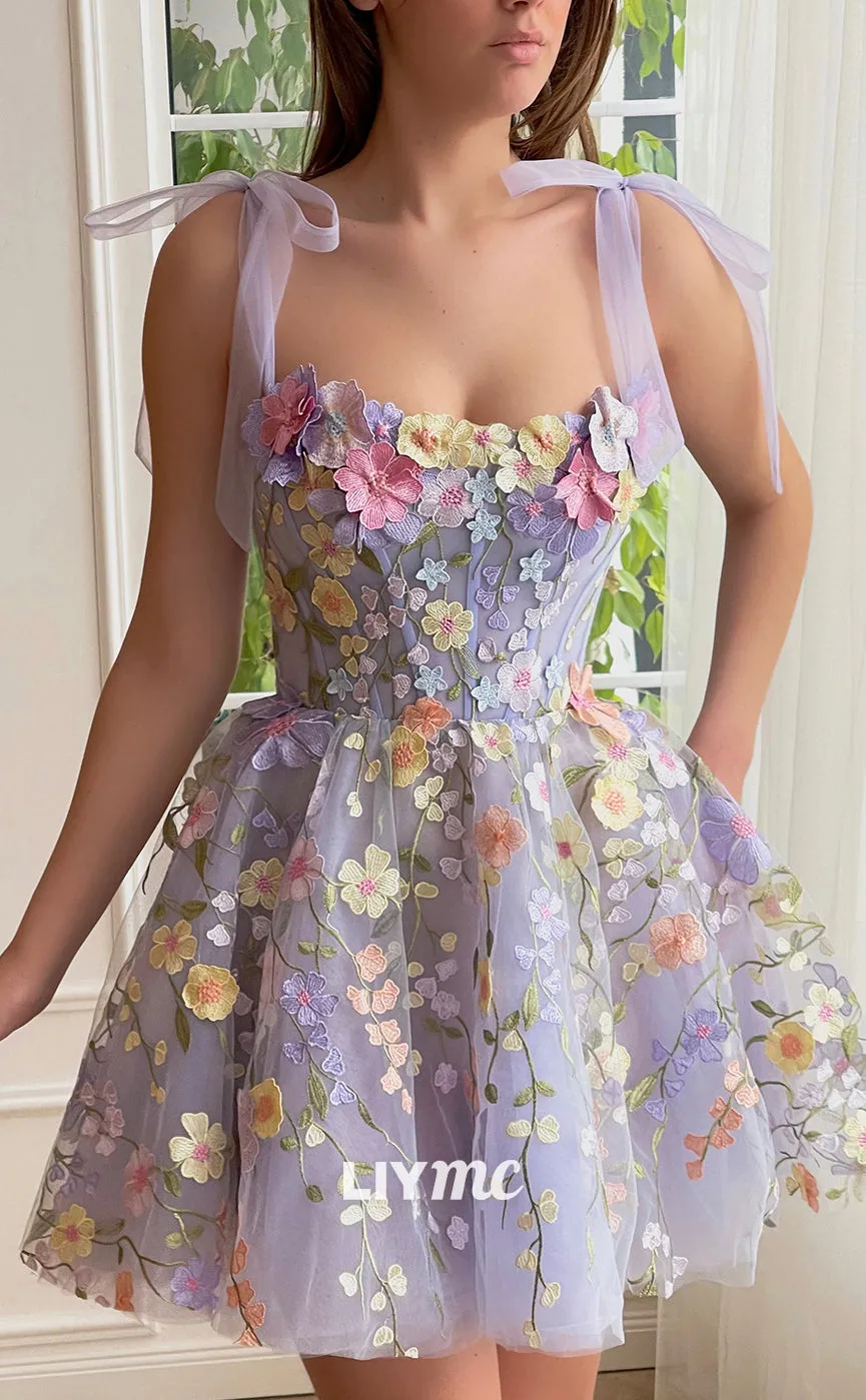 LY075 - Square Sleeveless Floral Embellished Pleated A-Line Short Homecoming Dress