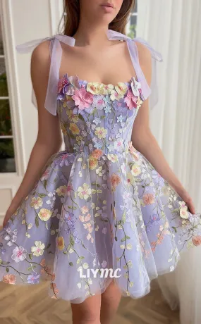 LY075 - Square Sleeveless Floral Embellished Pleated A-Line Short Homecoming Dress