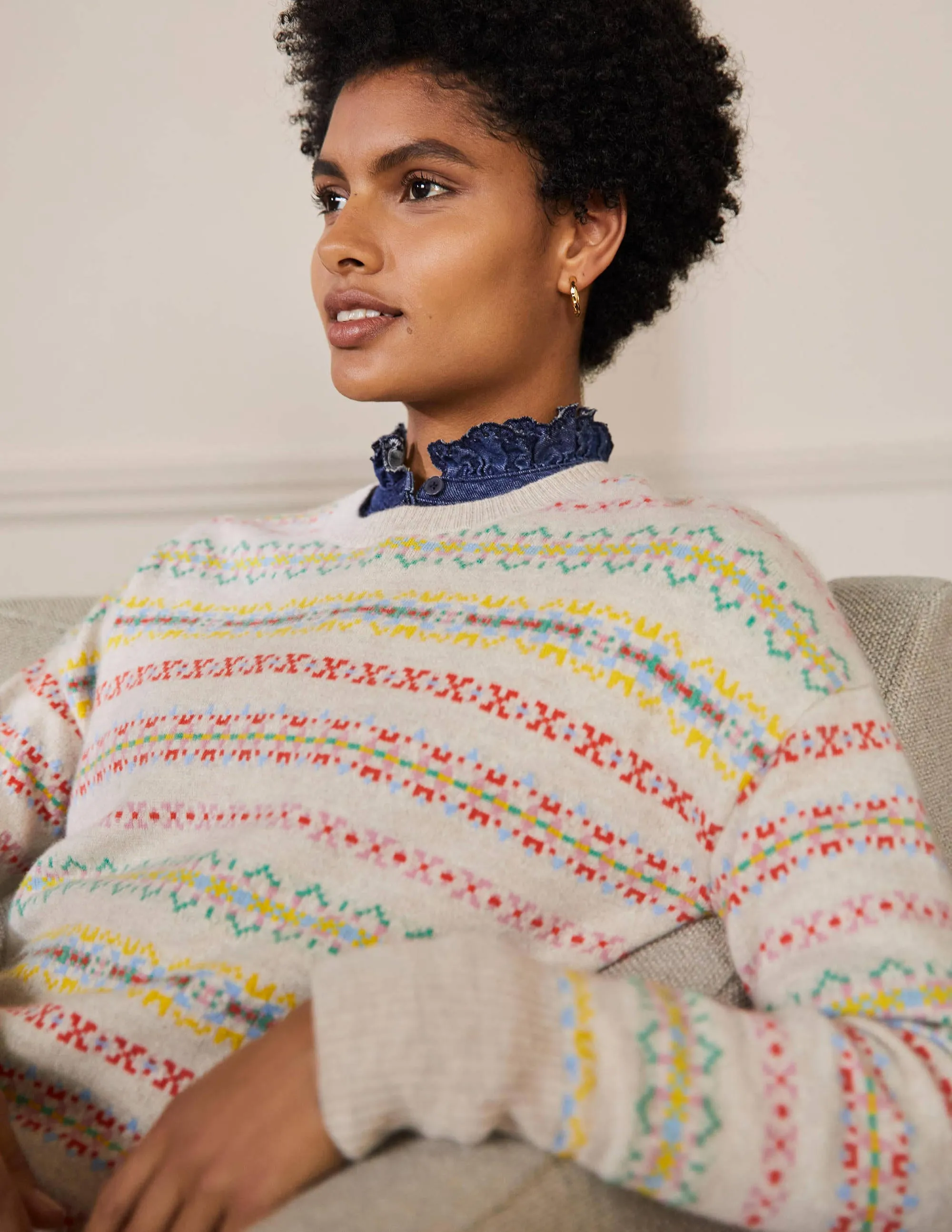 Margot Cashmere Jumper-Oatmeal Melange, Fair Isle