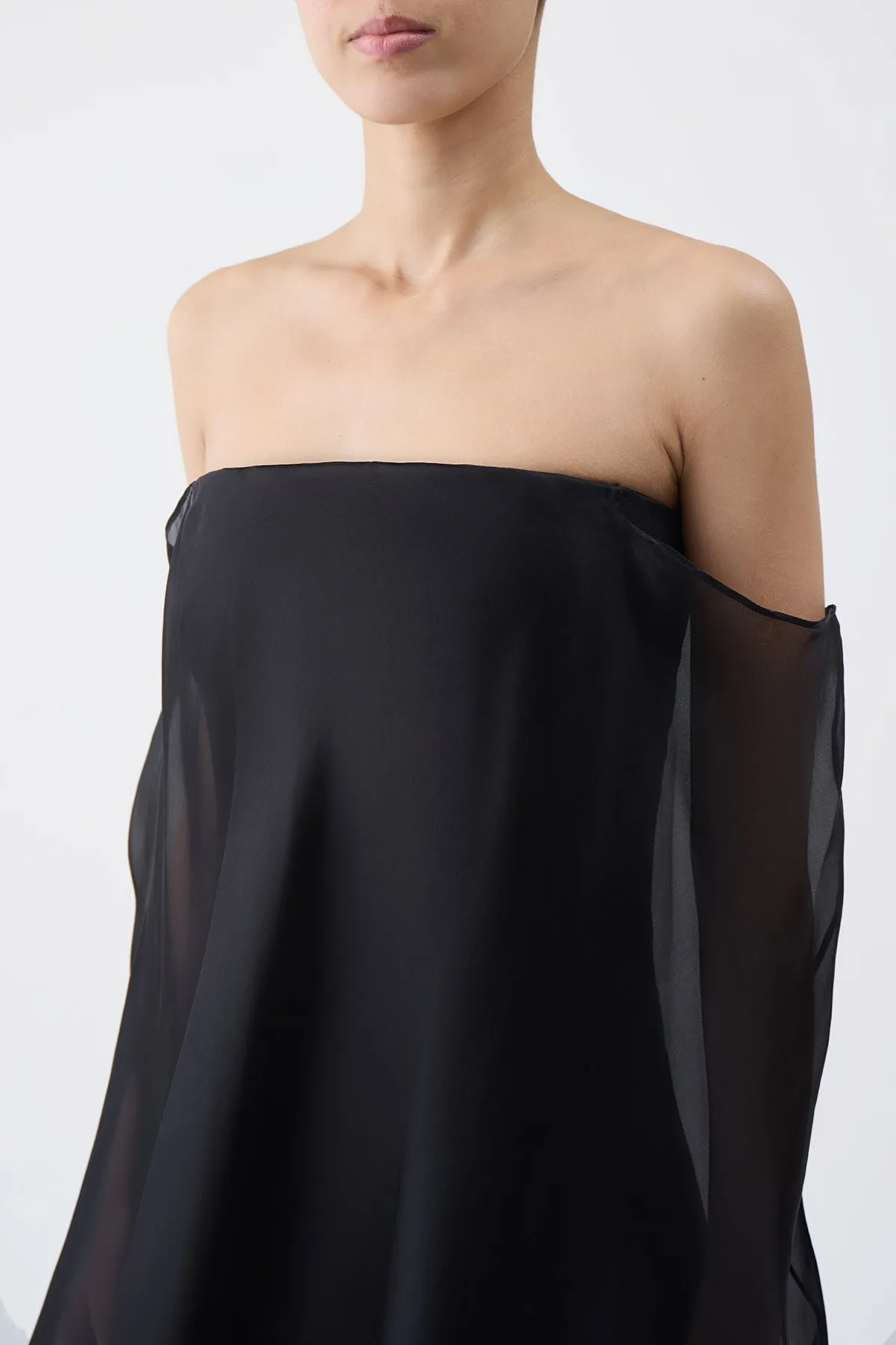 Marisha Maxi Dress in Black Textured Linen with Silk Organza Sheer Cape