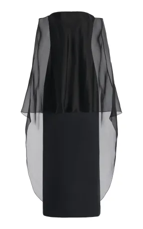 Marisha Maxi Dress in Black Textured Linen with Silk Organza Sheer Cape