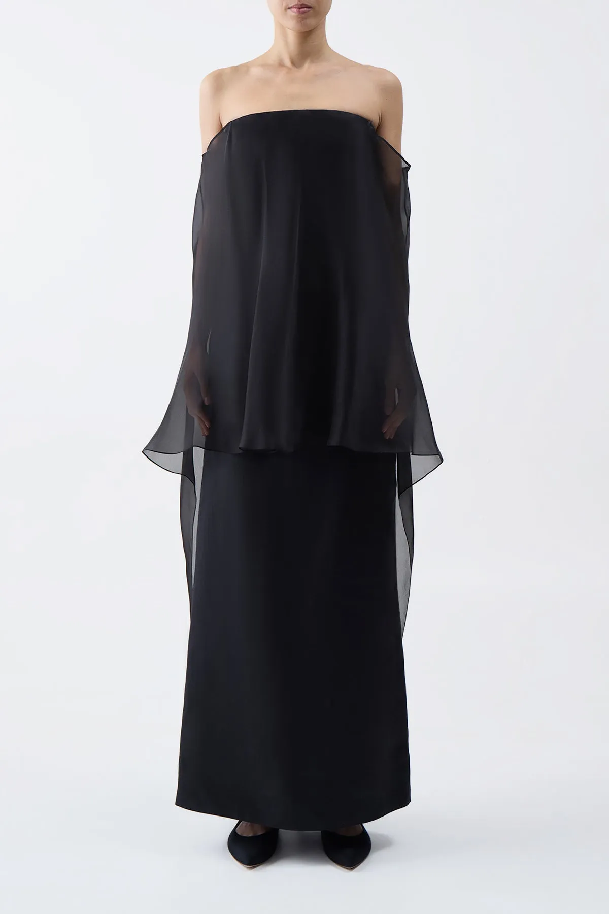 Marisha Maxi Dress in Black Textured Linen with Silk Organza Sheer Cape