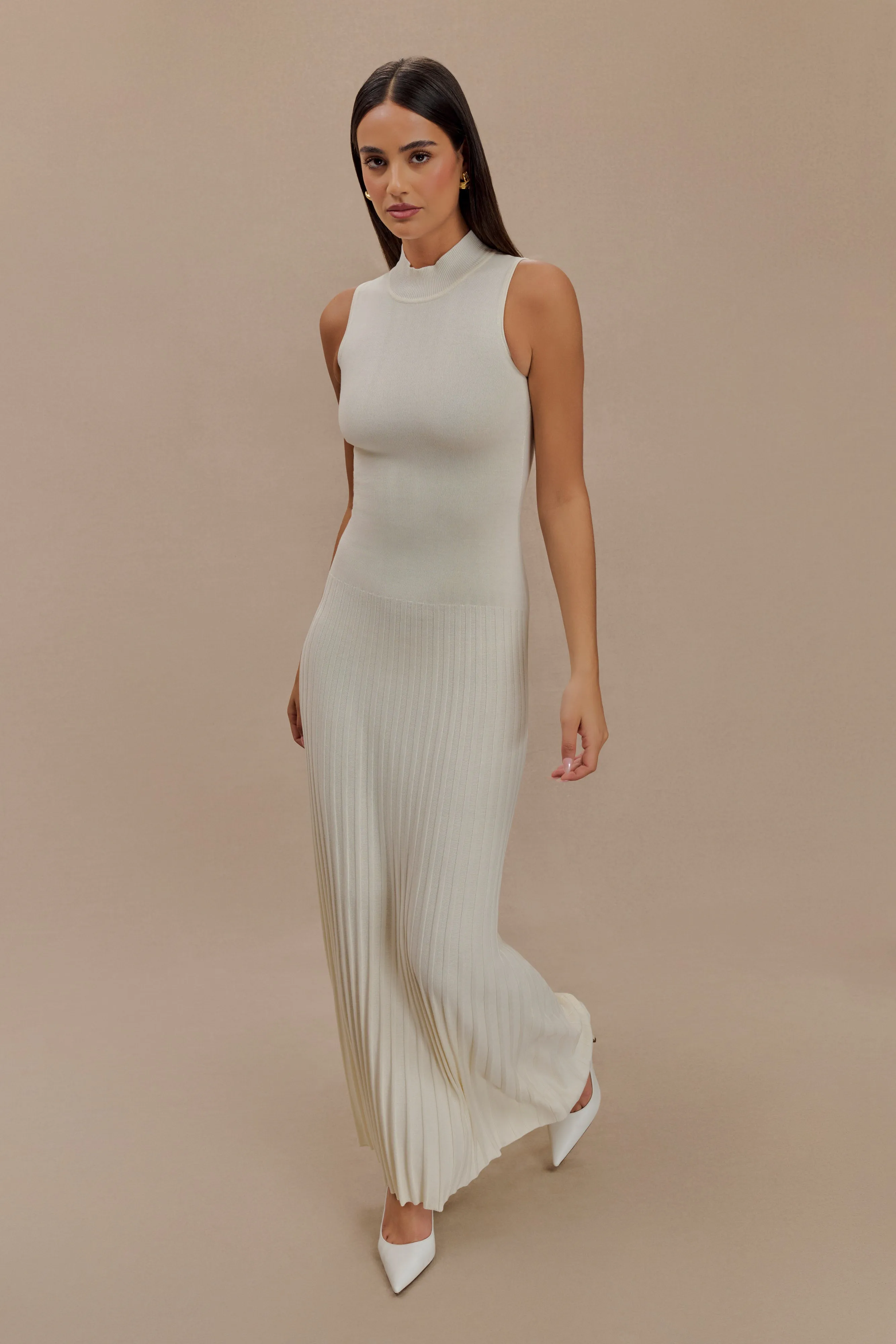 Mavis High Neck Pleated Maxi Dress - Ivory