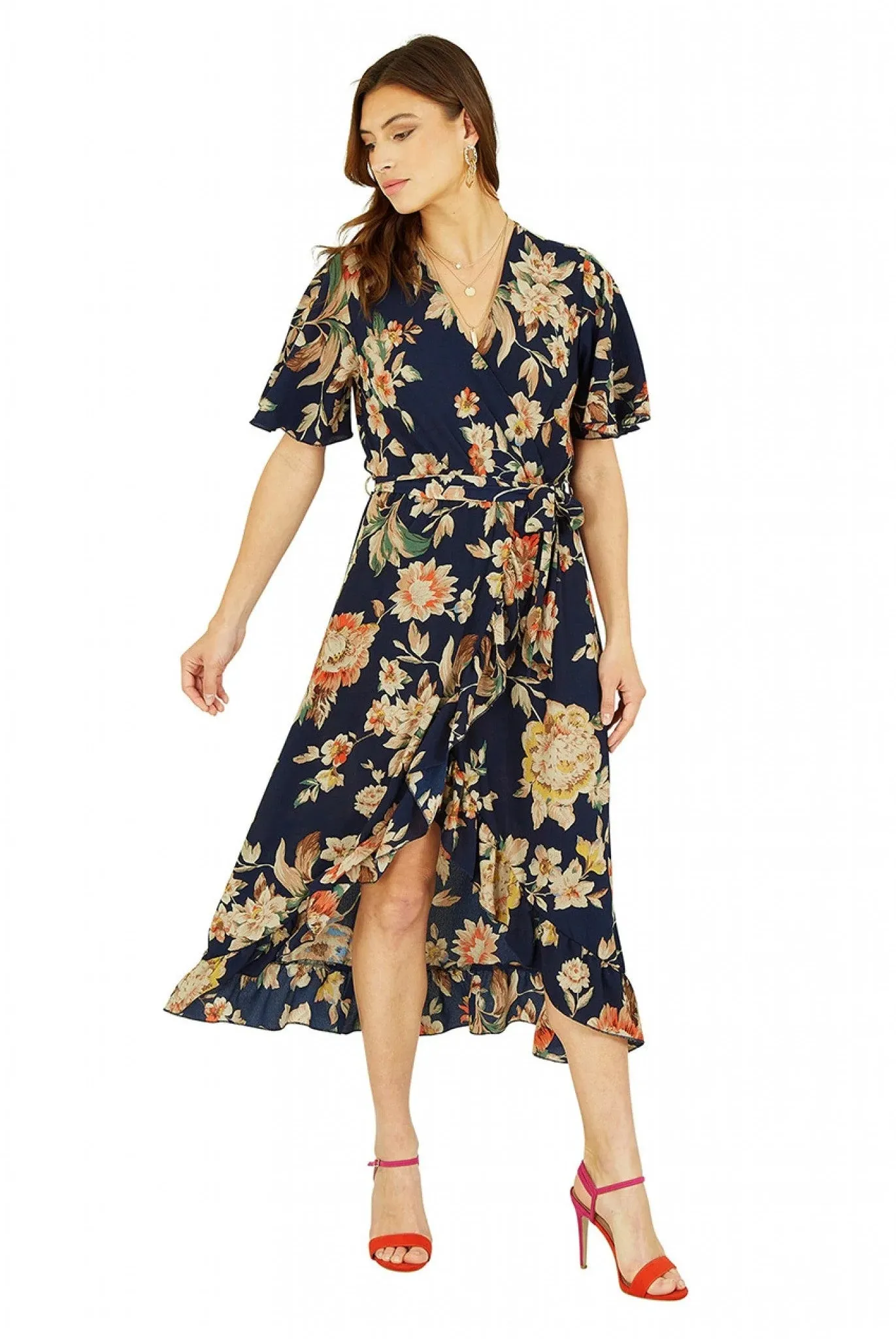 Mela London Navy Winter Floral Wrap Midi Dress