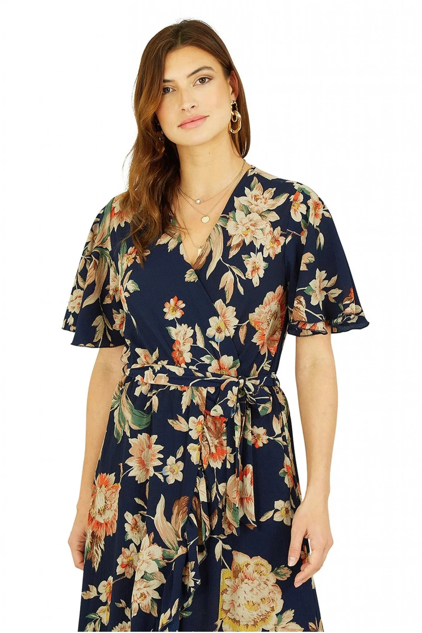 Mela London Navy Winter Floral Wrap Midi Dress