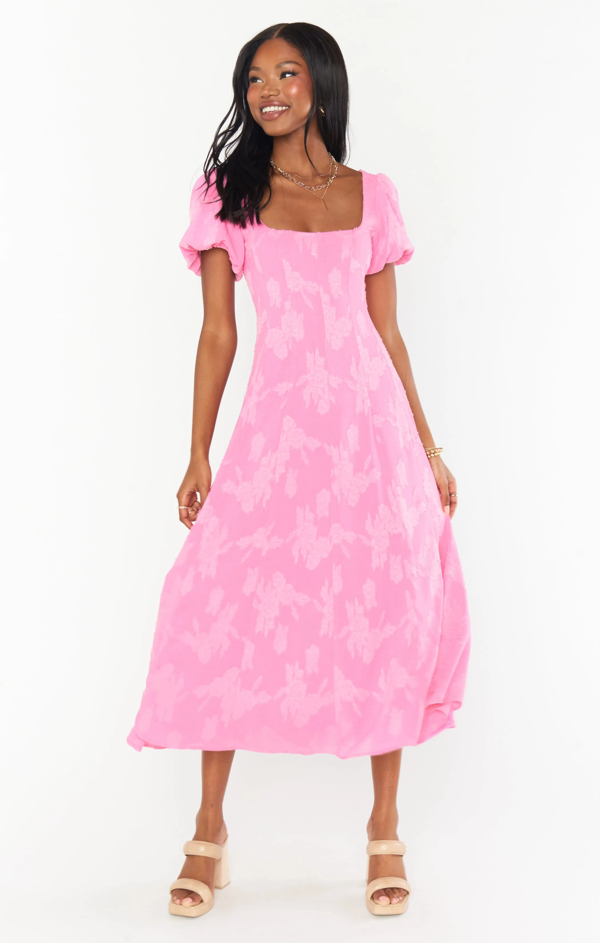 Mia Midi Dress ~ Pink Clip Floral