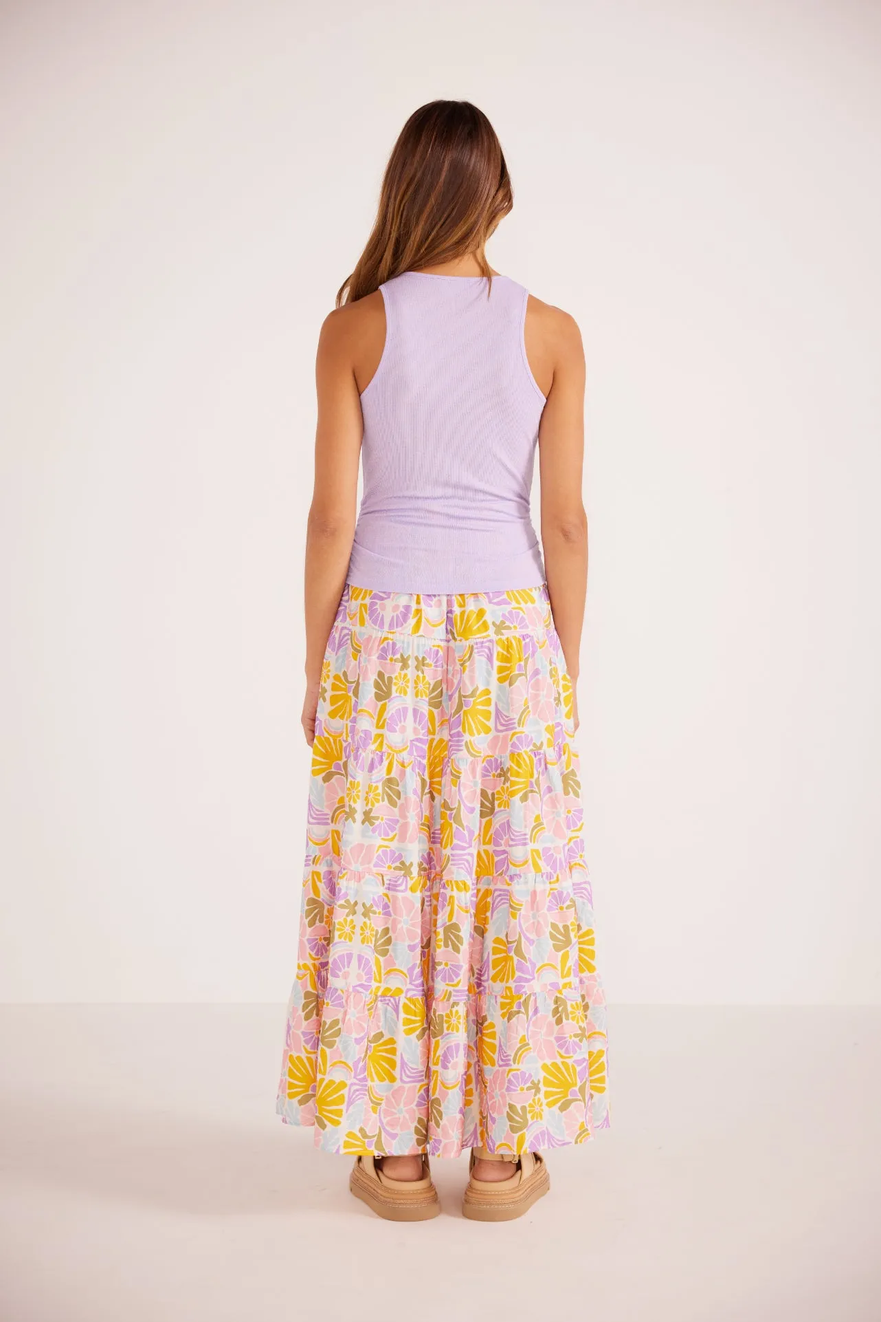 Mink Pink Soleil Tiered Flowy Midi Skirt Retro Floral