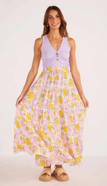 Mink Pink Soleil Tiered Flowy Midi Skirt Retro Floral