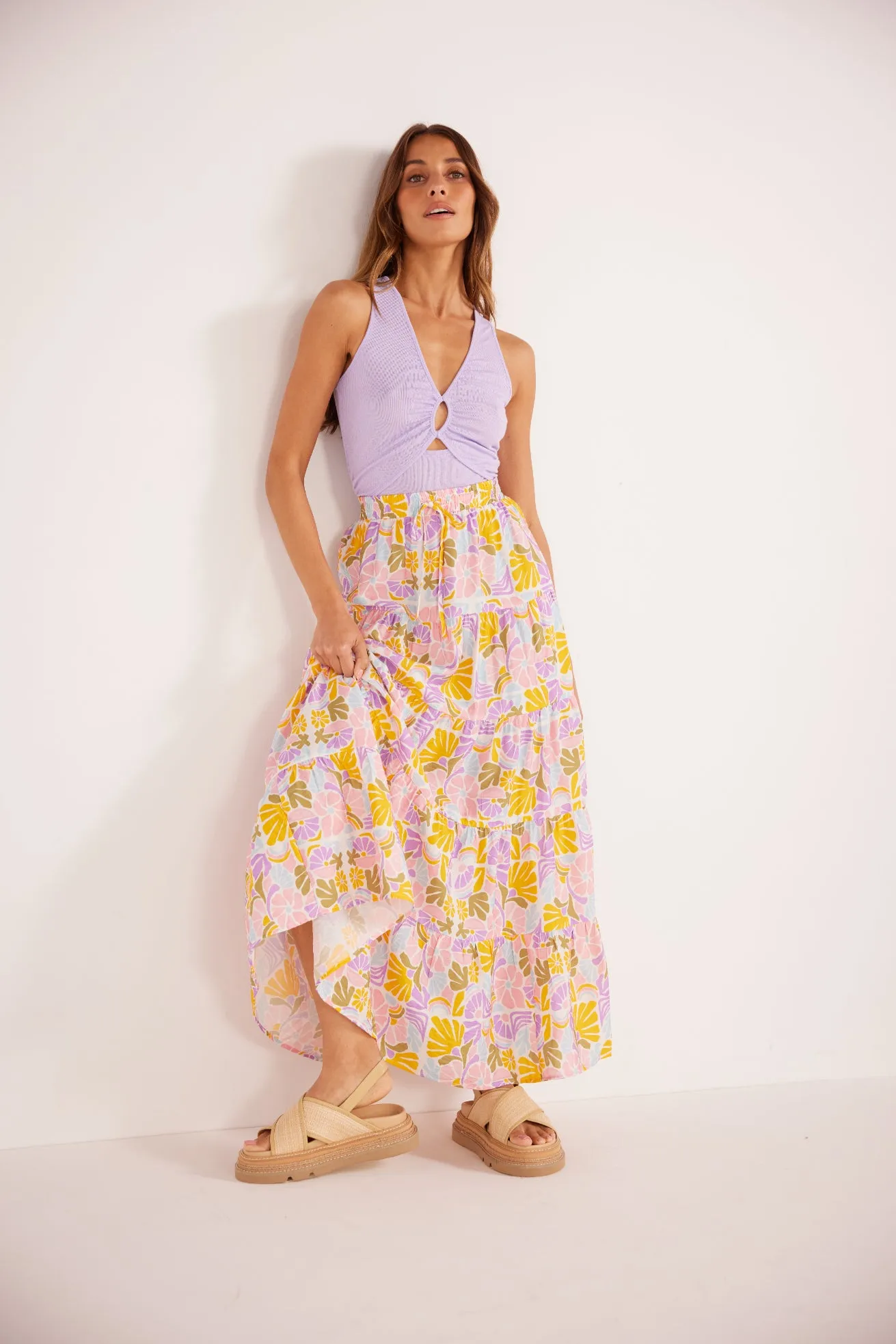 Mink Pink Soleil Tiered Flowy Midi Skirt Retro Floral