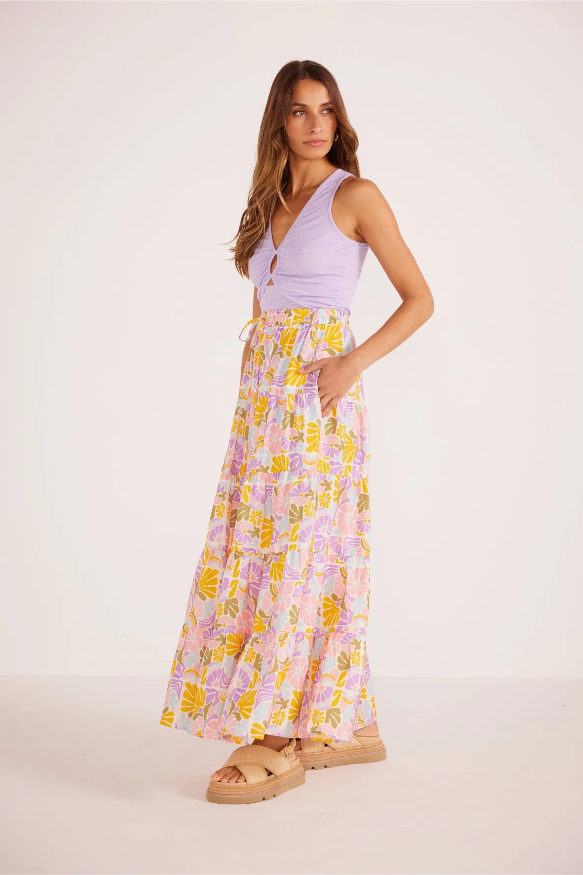 Mink Pink Soleil Tiered Flowy Midi Skirt Retro Floral