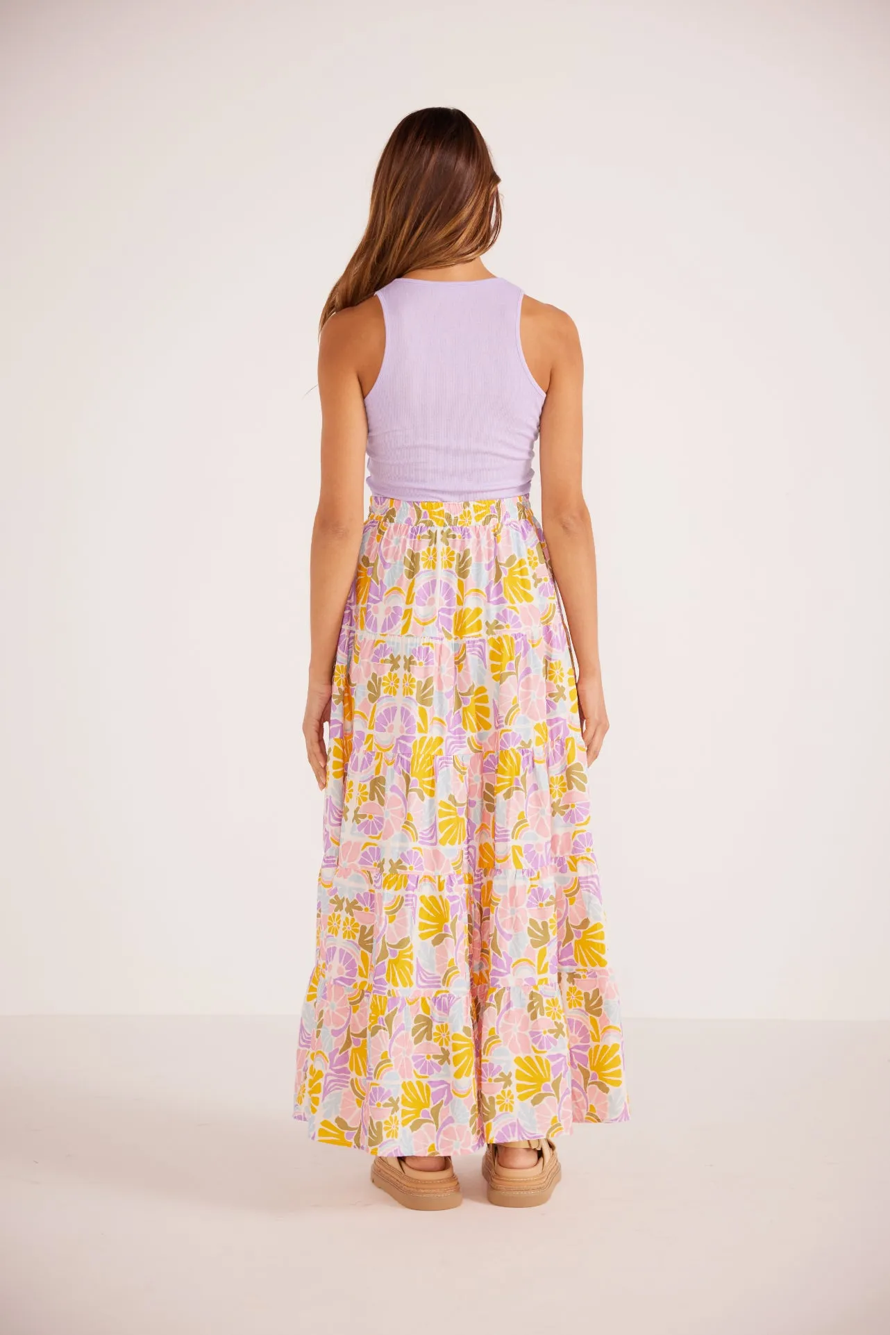 Mink Pink Soleil Tiered Flowy Midi Skirt Retro Floral