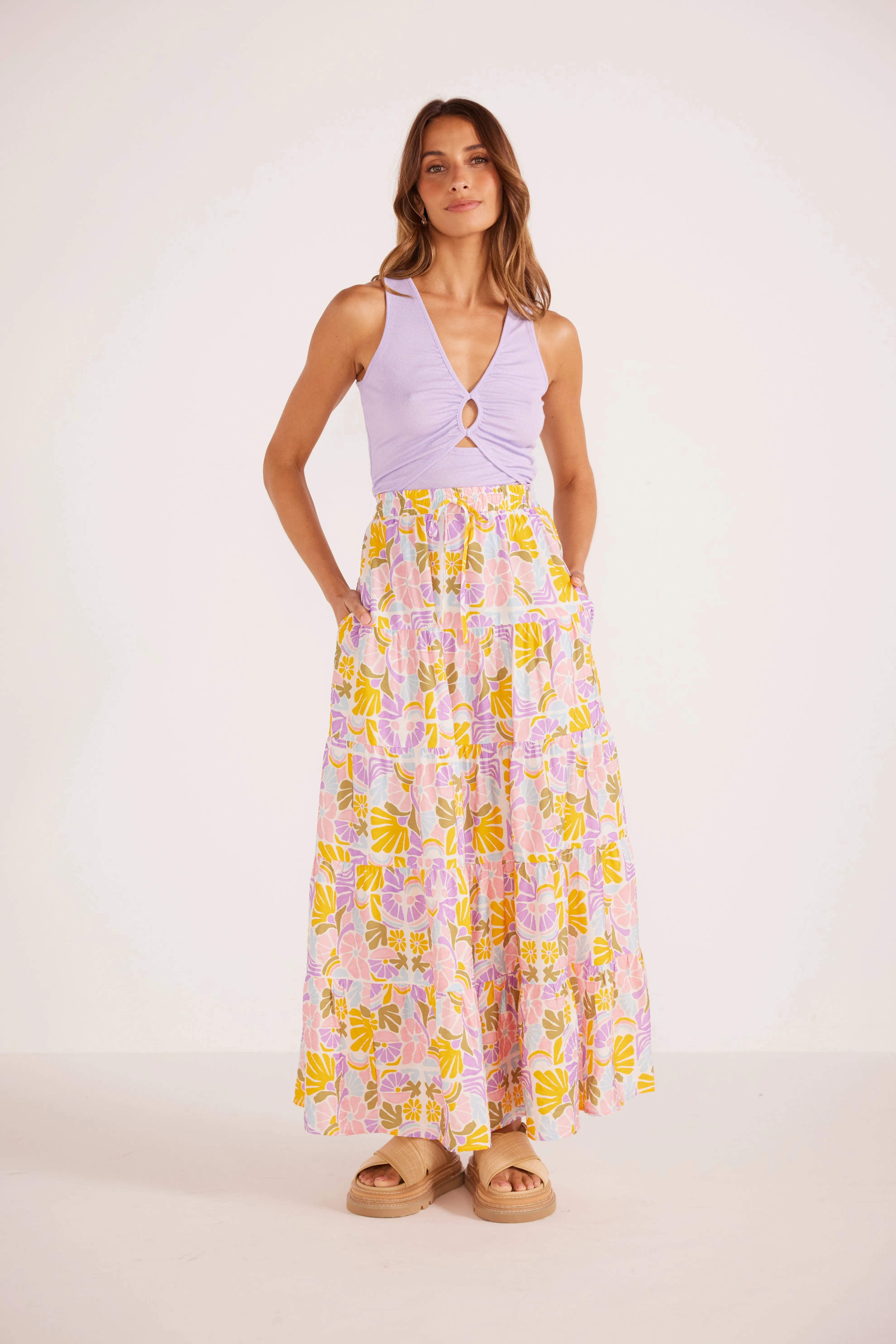 Mink Pink Soleil Tiered Flowy Midi Skirt Retro Floral