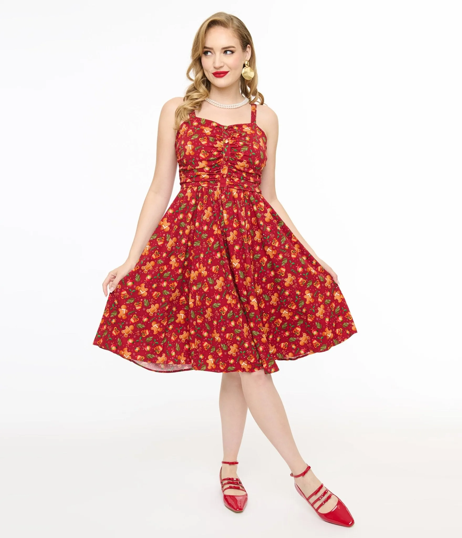 Miss Lulo 1950s Red Gingerbread Man Print Eden Fit & Flare Dress