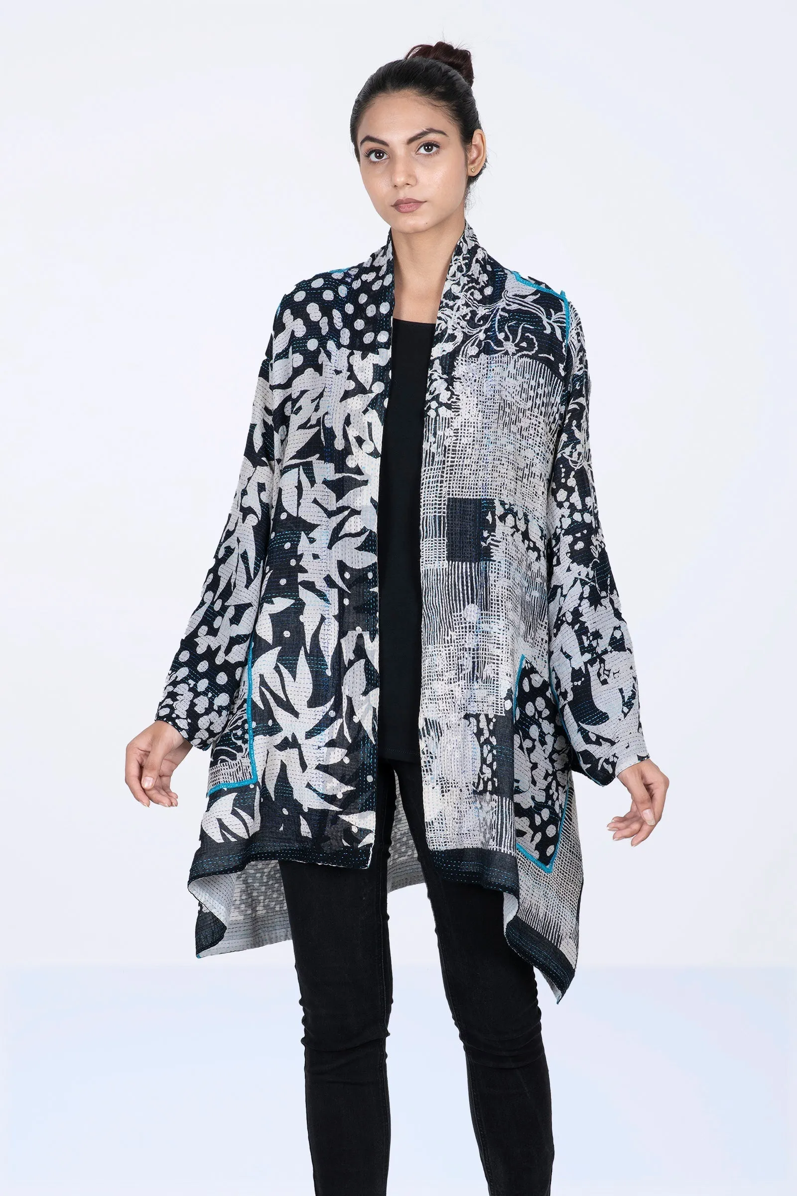 MONOTONE TWILIGHT PRINT KANTHA A-LINE JKT - tp2003-blk -