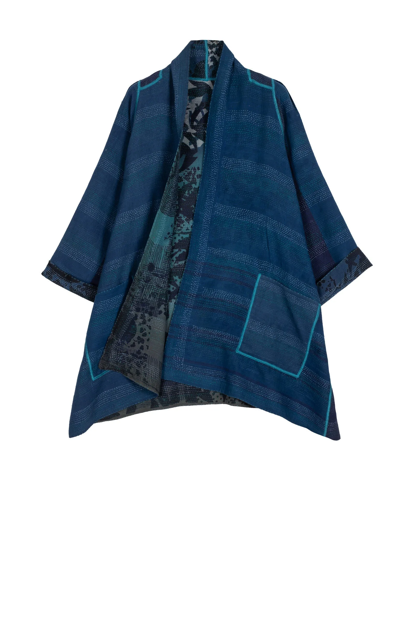 MONOTONE TWILIGHT PRINT KANTHA A-LINE JKT - tp2003-blu -