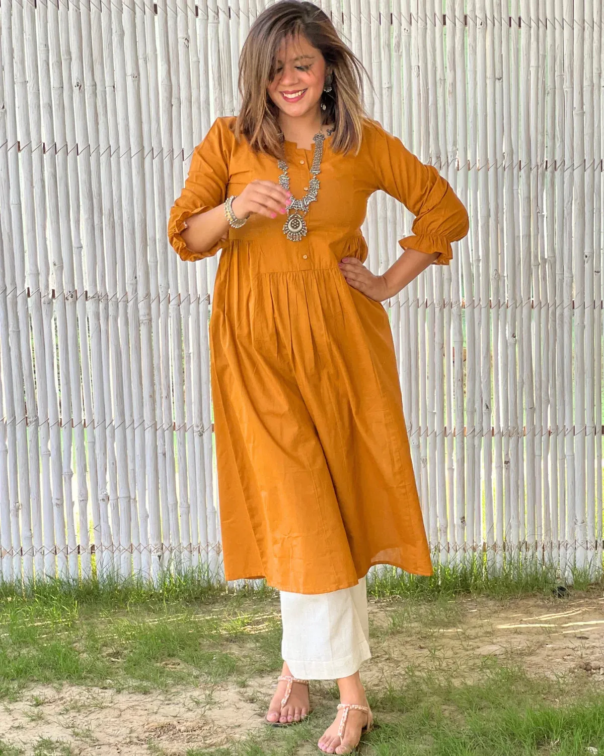 Mustard Cotton Aline Gathered Kurta