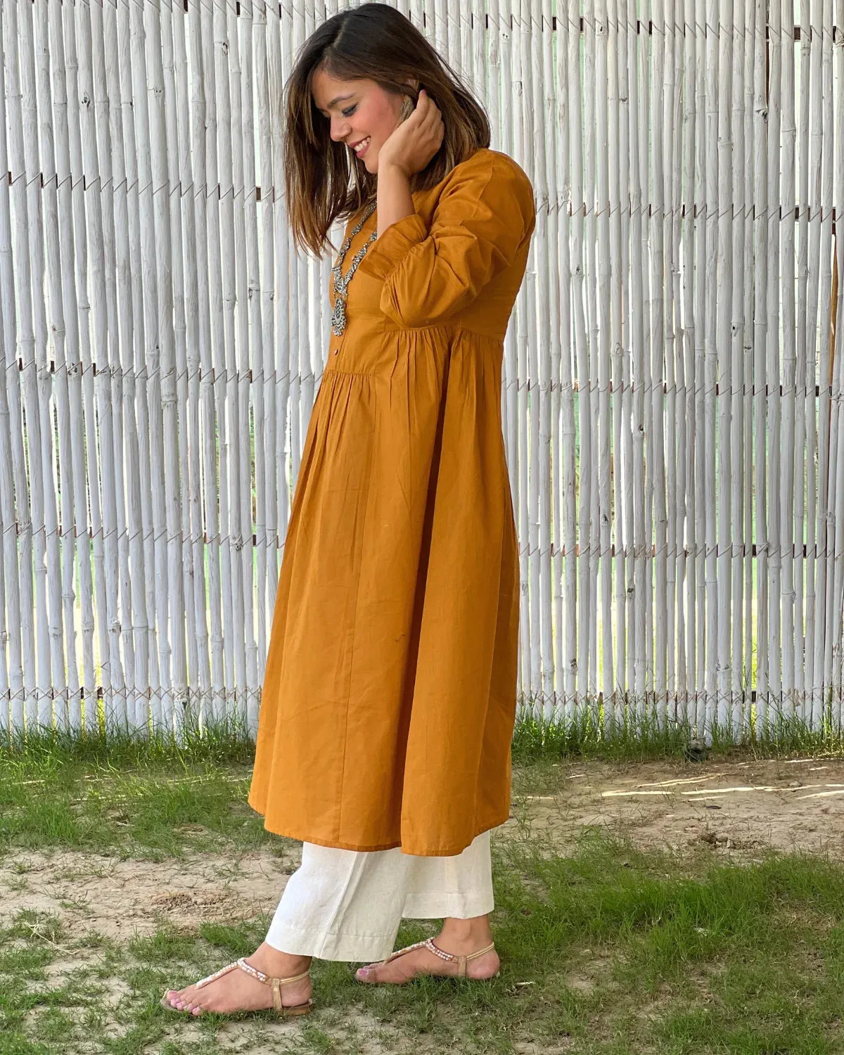 Mustard Cotton Aline Gathered Kurta