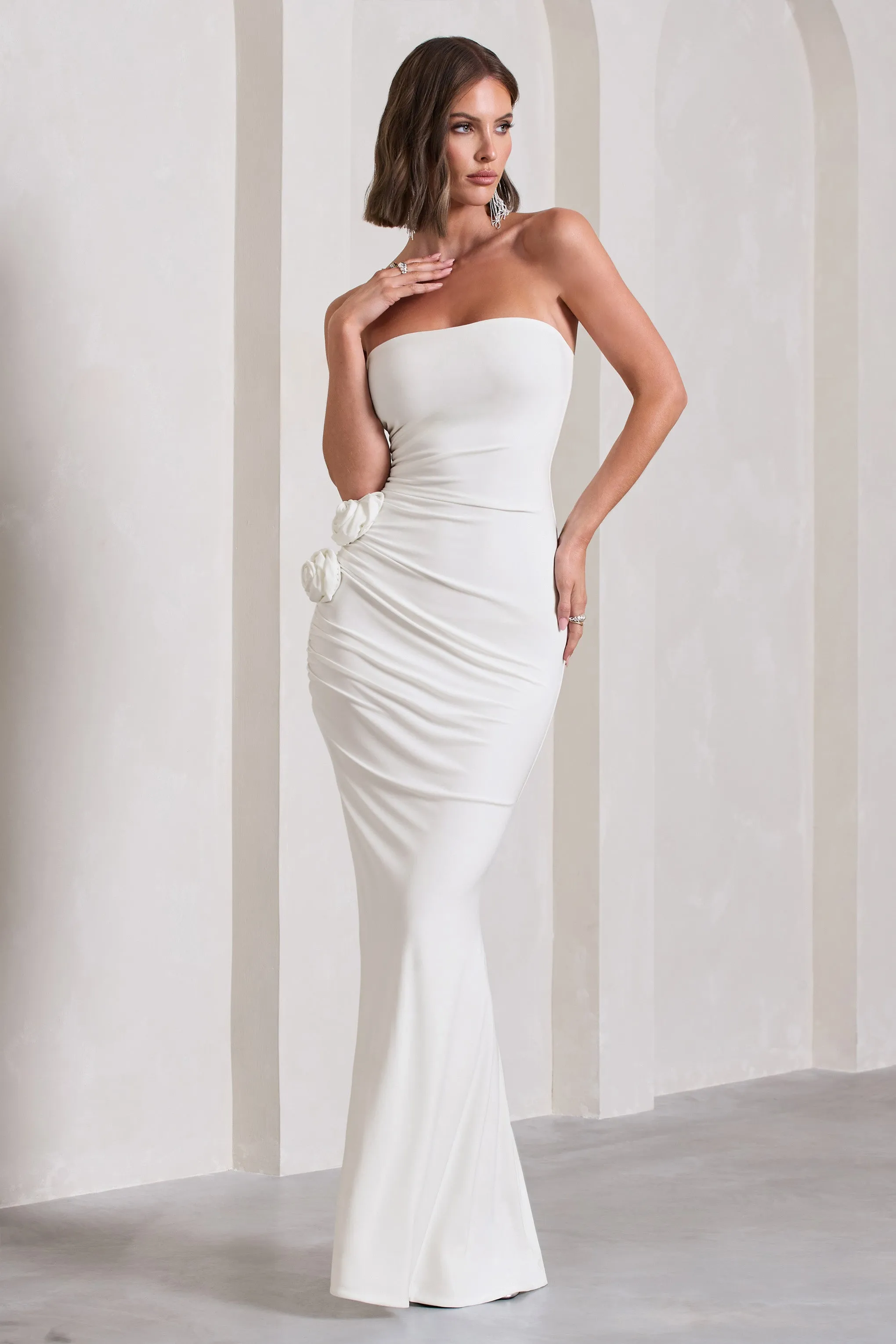 My Muse | White Ruched Bandeau Split Maxi Dress With Flowers