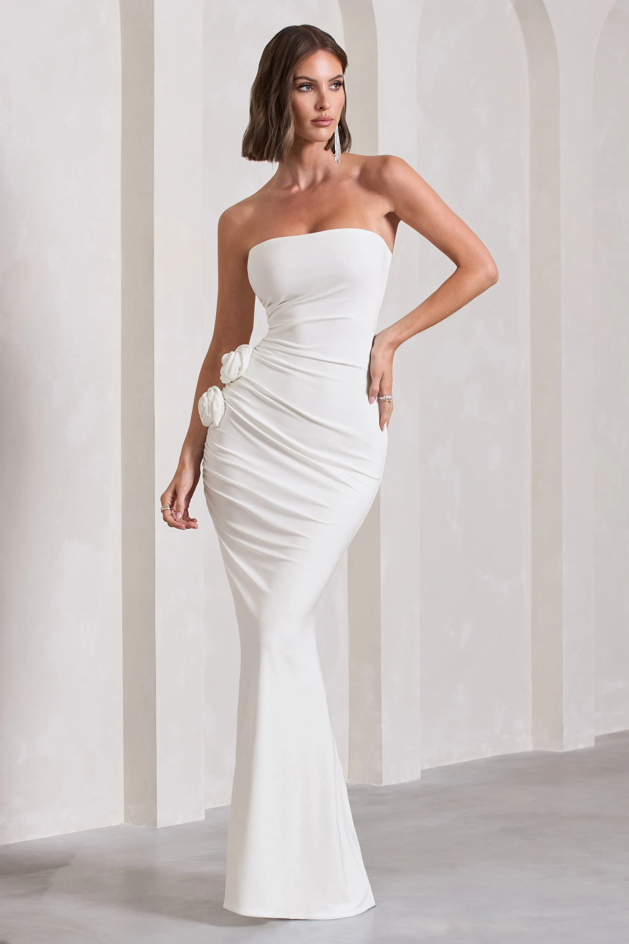 My Muse | White Ruched Bandeau Split Maxi Dress With Flowers