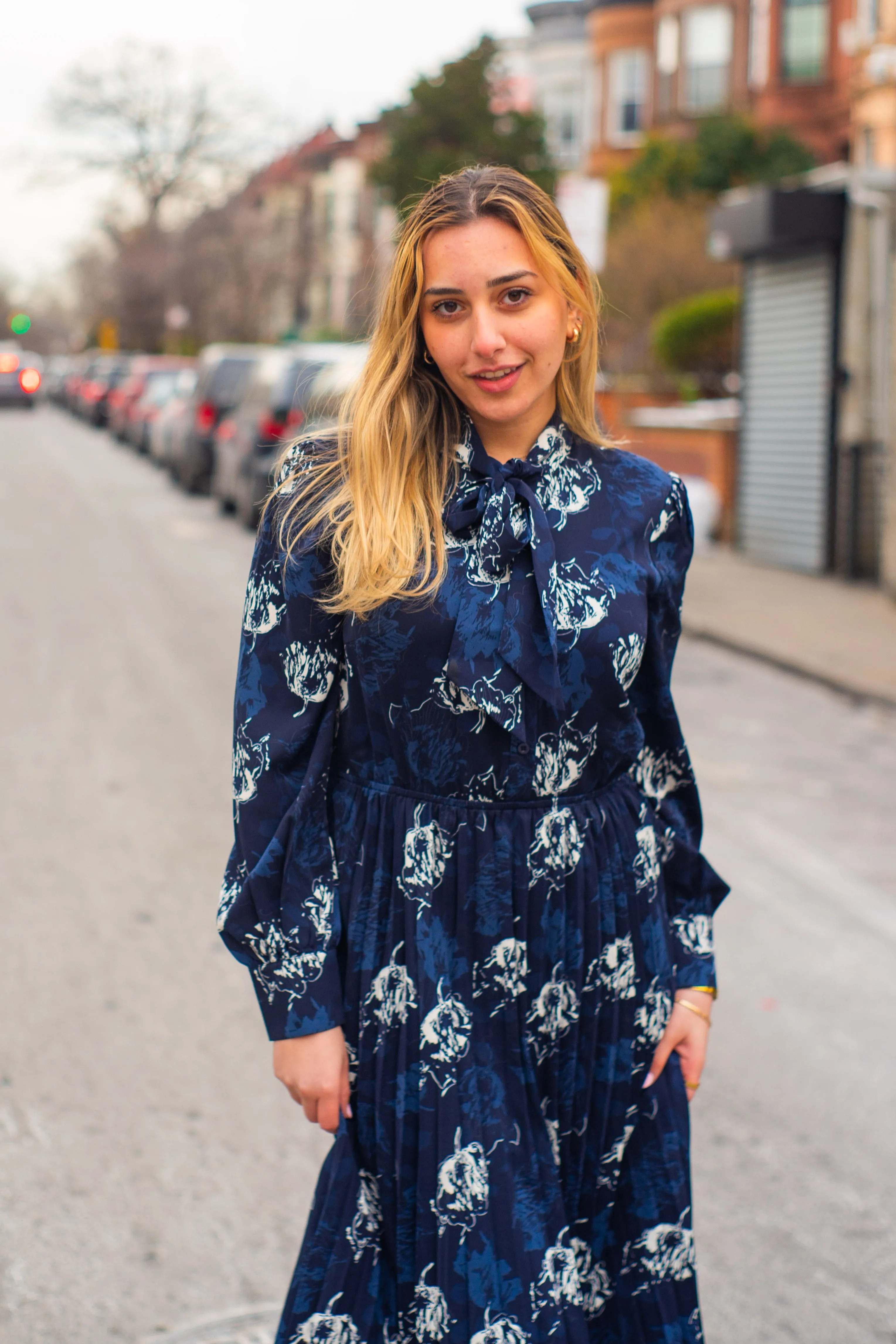 Navy Bloom Pleated Dress