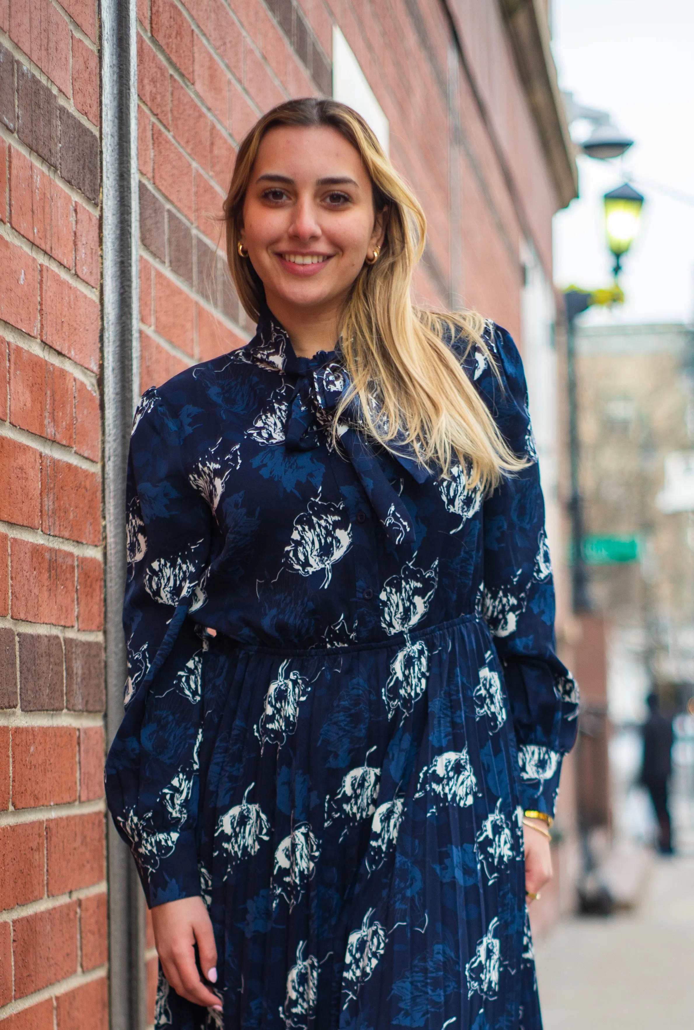 Navy Bloom Pleated Dress