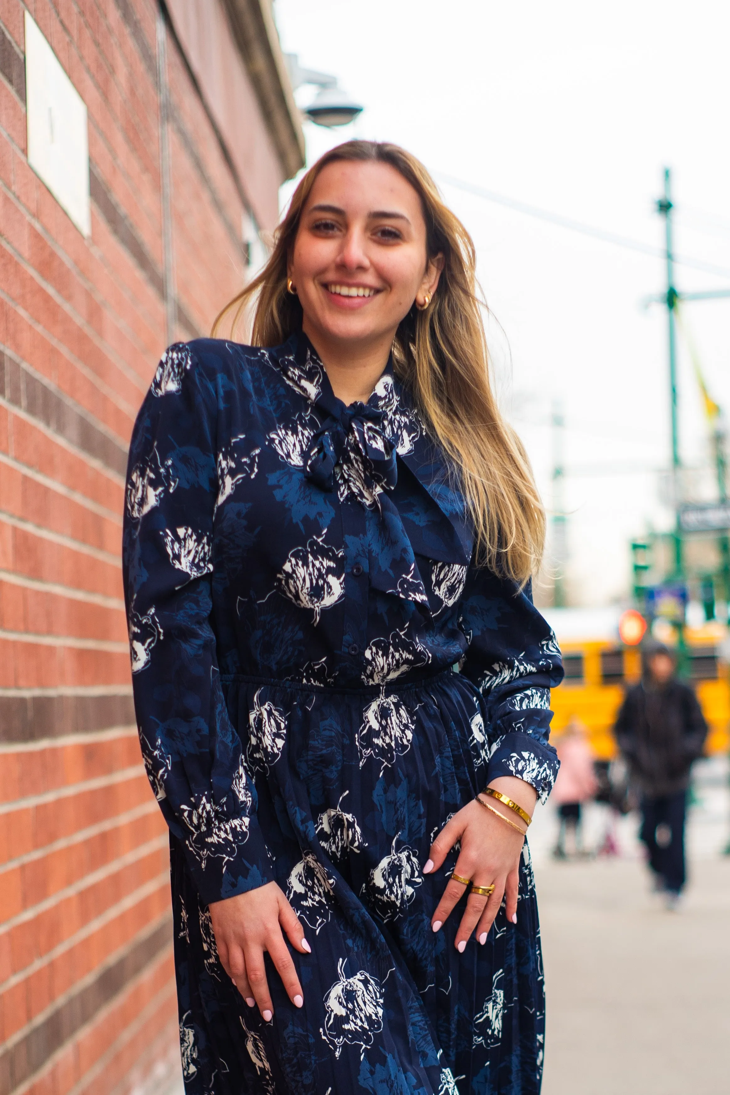 Navy Bloom Pleated Dress